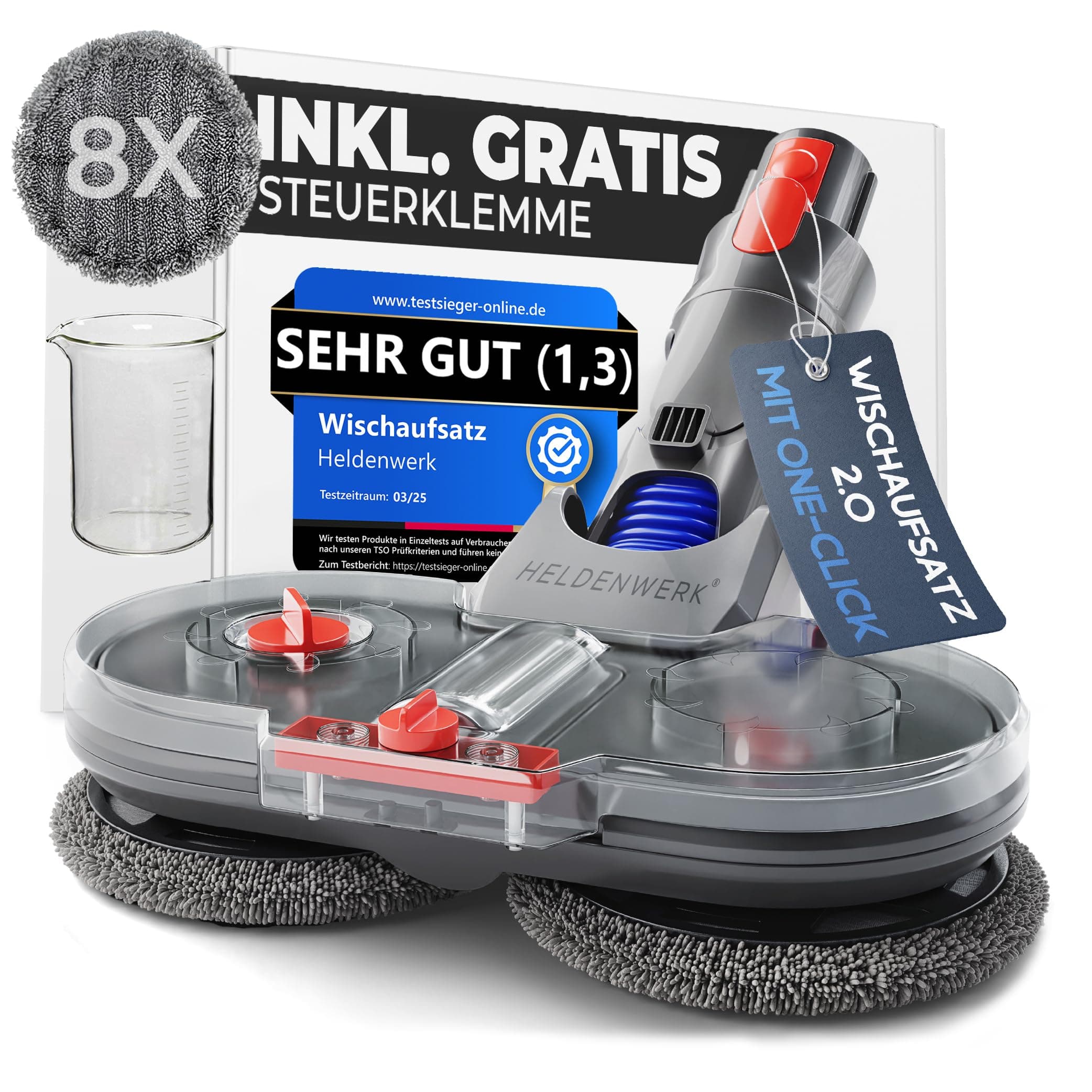 HELDENWERK Wischaufsatz für Dyson V6 Staubsauger, Dyson Zubehör Wischaufsatz, Elektrischer Bodenwischer mit Wassertank, Füllbehälter & 8 waschbaren Mops