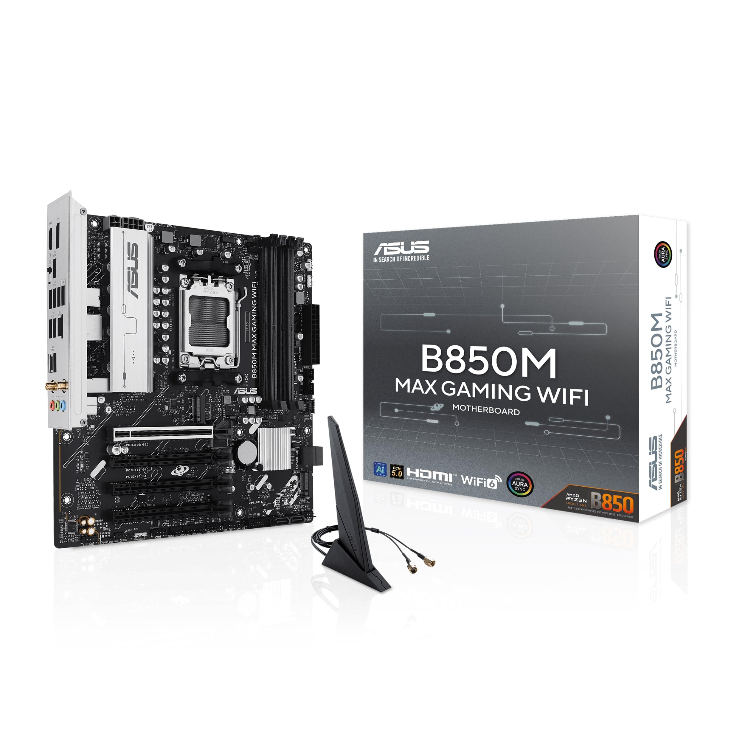 ASUS B850M MAX Gaming WiFi Mainboard Sockel AMD AM5 (mATX, DDR5, PCIe 5.0, 3X M.2, WiFi 6, BIOS Flashback, Aura Sync, Q-LED Core)