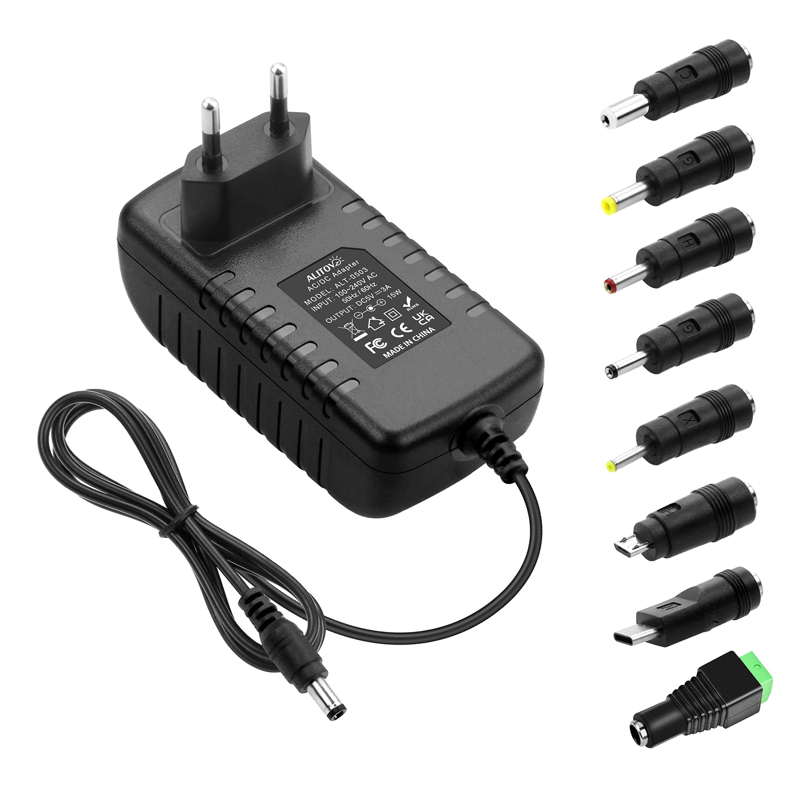 ALITOVE 5V Netzteil 3A DC 5 Volt 15W 3000mA Steckernetzteil 5V 2.5A 2A 1A Transformator mit 8 Spitzen für Raspberry Pi 3 4 LED-Streifen E-Reader