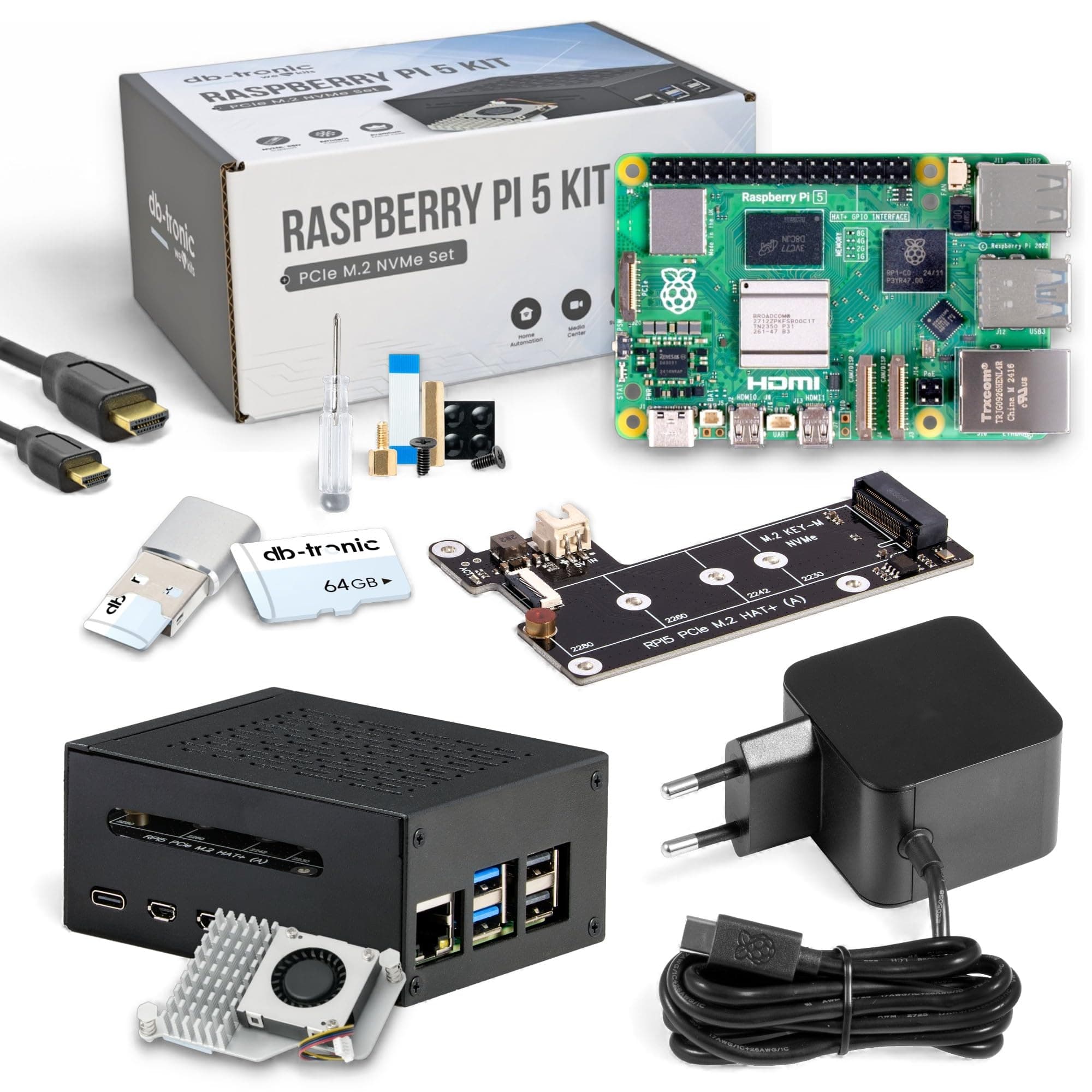 Raspberry Pi 5 8GB PCIe M.2 NVMe - Set | Metallgehäuse | Active Cooler | M.2 NVMe SSD PCIe Board | Offizielles USB-C 27W Netzteil | 64GB Edition | 4K Micro HDMI