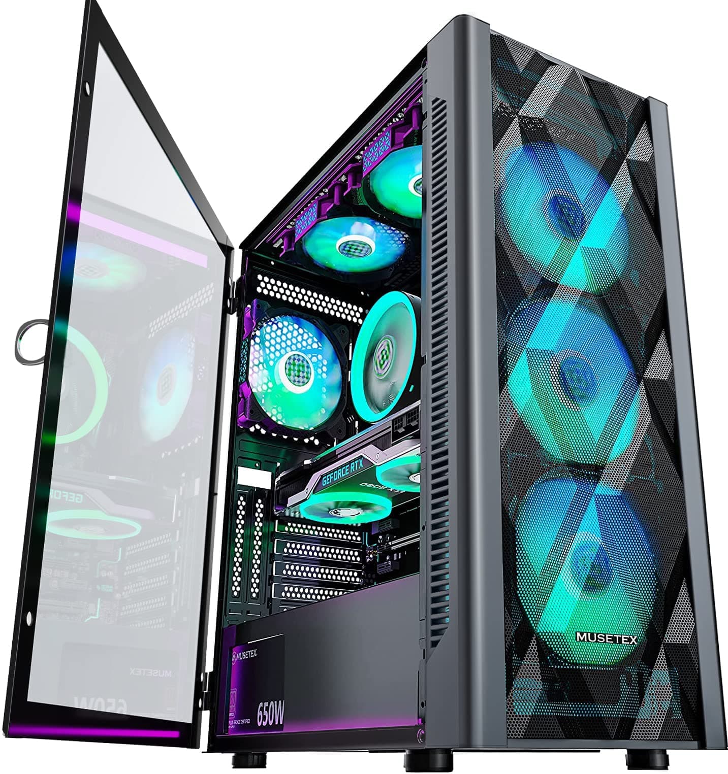 MUSETEX ATX PC Gehäuse Pre-Install 6 PWM ARGB Lüfter, Polygonal Mesh Computer Gaming Gehäuse, Öffnung gehärtetes Glas Seitenwand Mid-Tower Gehäuse, USB 3.0 x 2, Schwarz, NN8