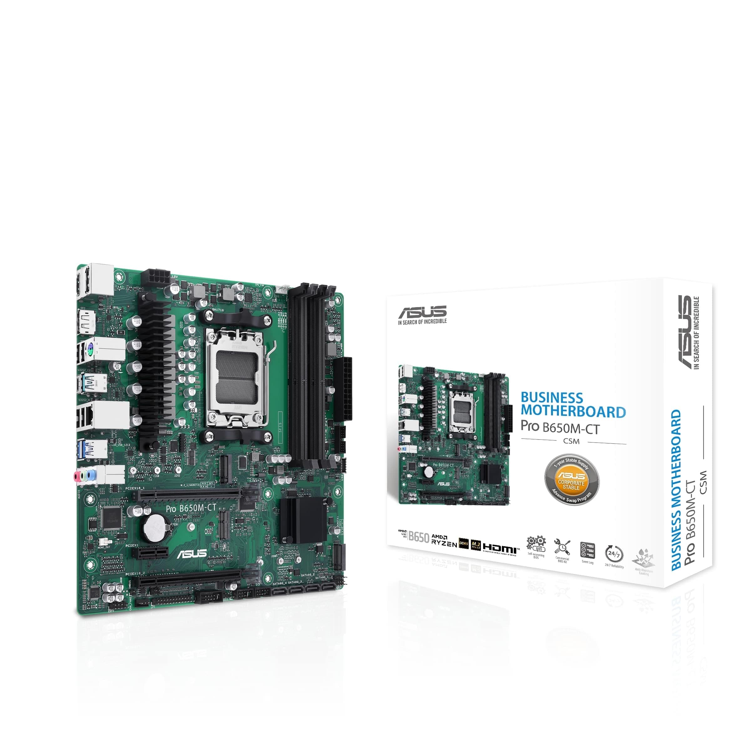 ASUS Pro B650M-CT-CSM Business Mainboard Sockel AMD AM5 (Ryzen 7000, micro-ATX, DDR5 Speicher, PCIe 5.0, USB 3.2 Gen 2, Commercial BIOS Kit)
