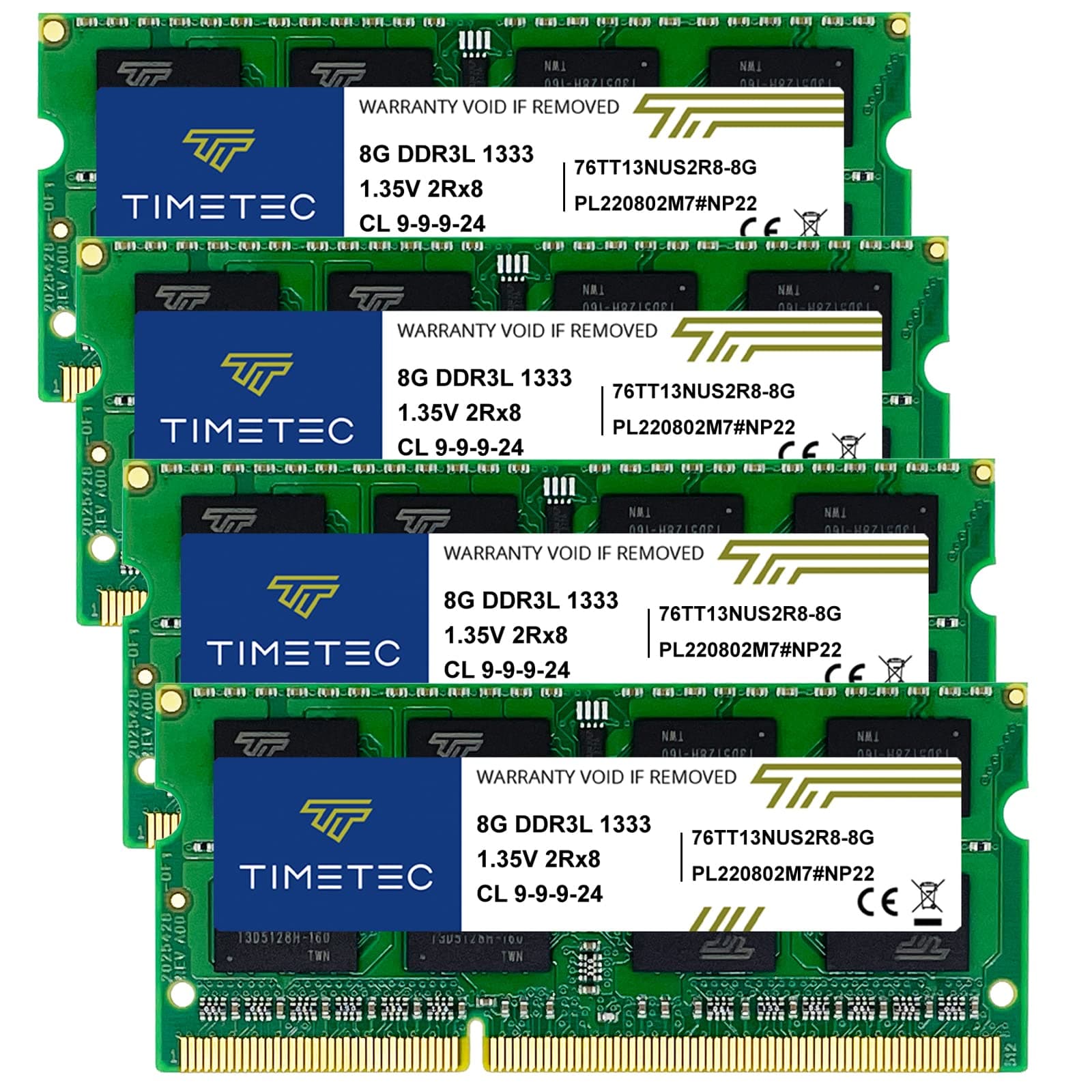 Timetec 32GB KIT(4x8GB) DDR3 / DDR3L 1333 MHz PC3-10600 Non-ECC Ungepuffert 1,5 V / 1,35 V CL9 2Rx8 Dual Rank 204 Pin SODIMM Laptop Notebook PC Computer Arbeitsspeicher RAM Modul Upgrade