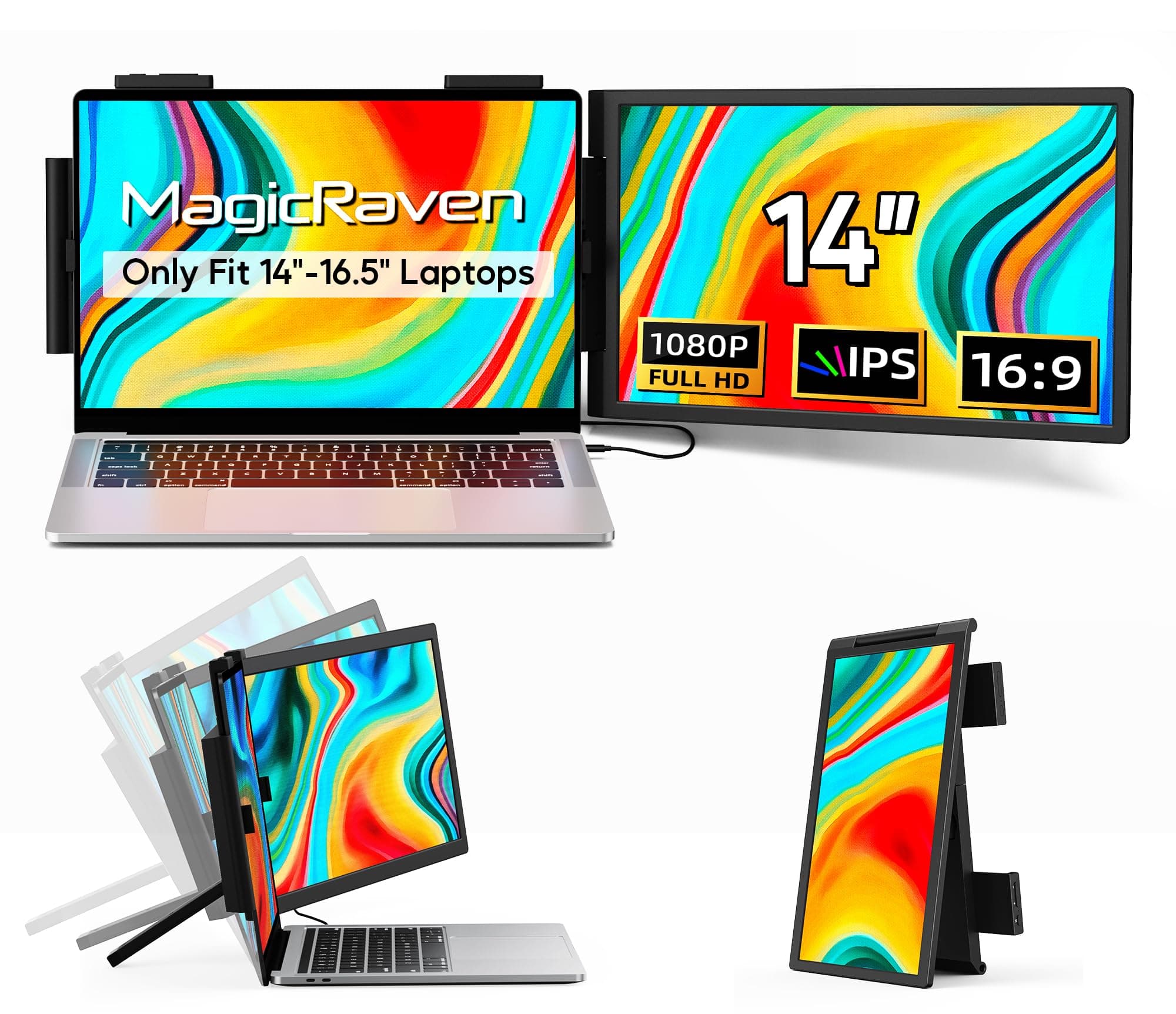 MAGICRAVEN Tragbarer Monitor für Laptop, 14 Zoll FHD 1080P IPS Bildschirm Laptop Monitor Erweiterung Dual Screen, Portable Monitor14-16 mit USB-C/HDMI Anschluß, Plug & Play für Windows, Mac, Android