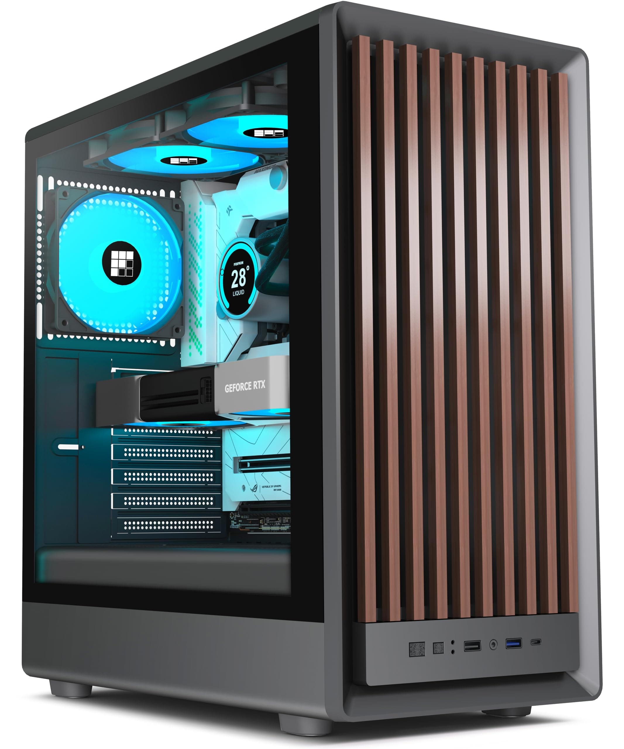 FOIFKIN M1 PC Gehäuse - Holz-Walnuss-Front, vorinstallierter 4 PWM ARGB-Lüfter, ATX Mid-Tower Gaming-PC-Gehäuse, mit Typ-C,Schwarz (Schwarz, M1)