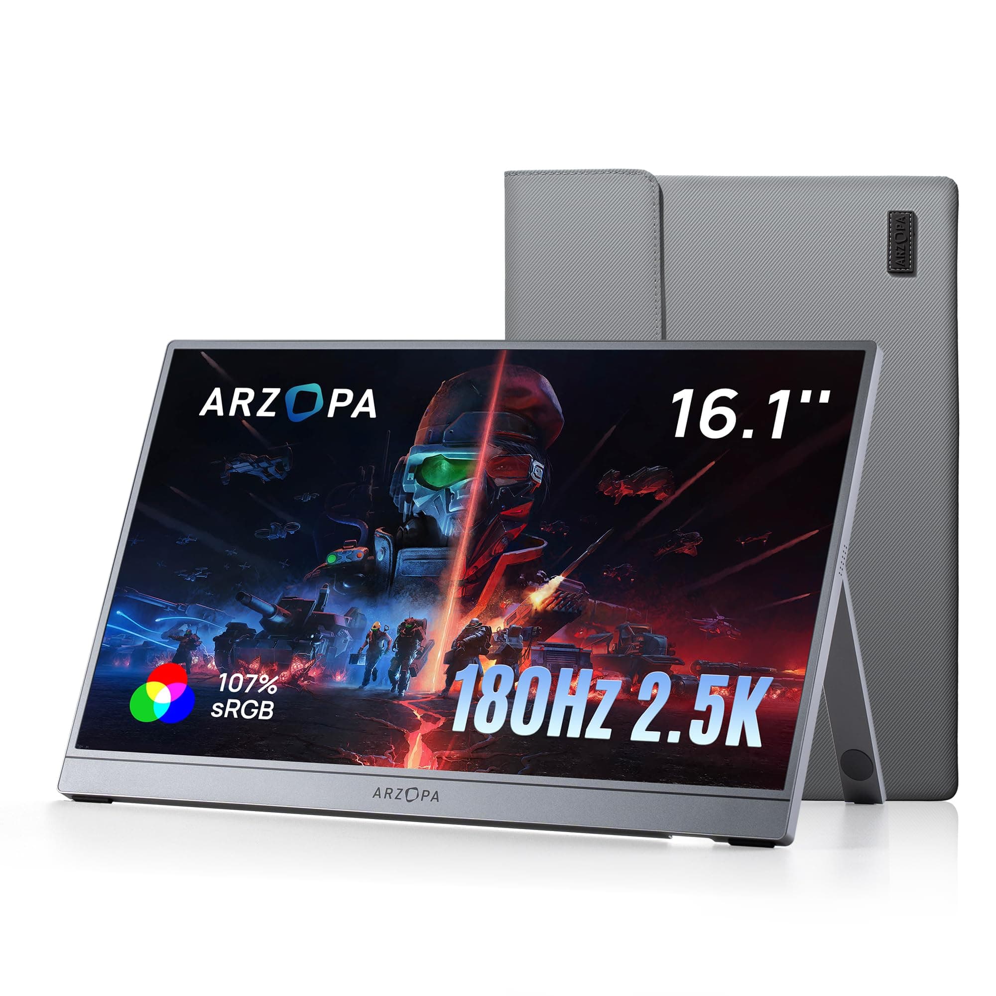 ARZOPA 16,1" Tragbarer Monitor 2,5K 180 Hz Gaming Portable QHD 2560×1440 107% sRGB HDR10 Design mit integrierter Ständer-Funktion & Schutzhülle Kompatibel mit PS5, Xbox, Switch, PC, Mac-Z3FC Grau