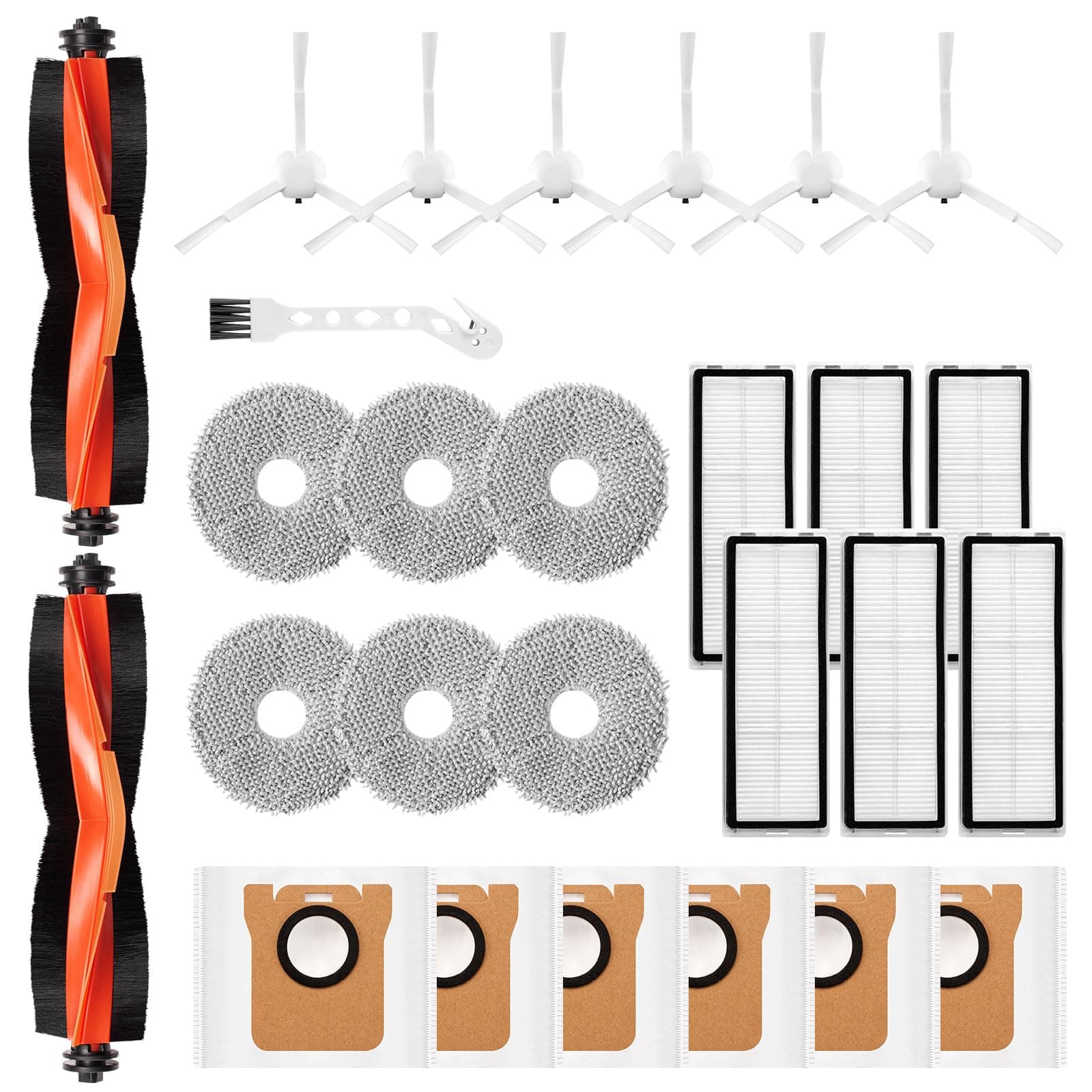 27 Stück Zubehör für Xiaomi X20+ / X10 Plus Saugroboter, Ersatzteile 6 Staubbeutel 6 Wischpad 2 Hauptbürste 6 Seitenbürsten 6 HEPA Filter 1 Reinigungsbürste