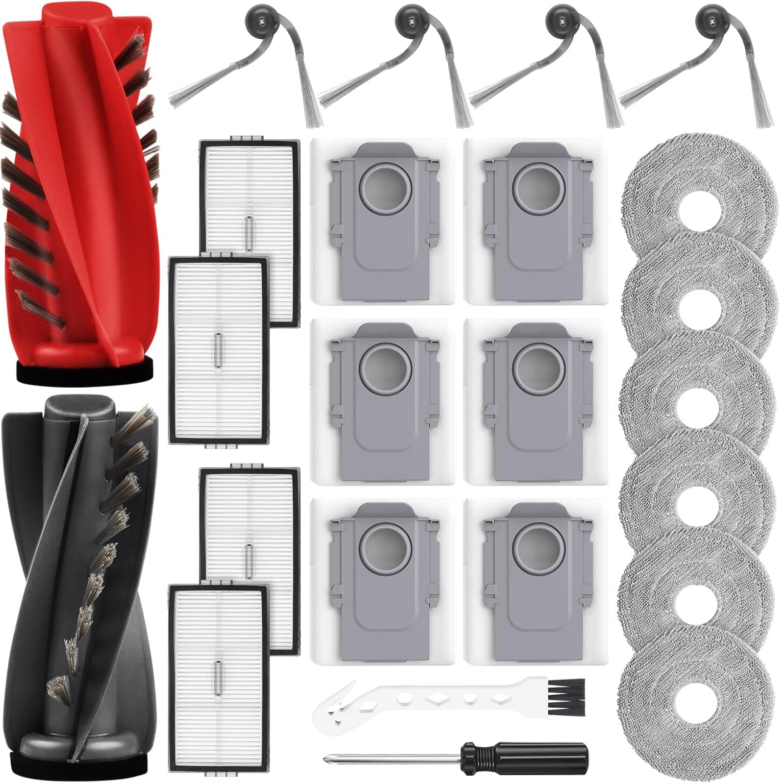 24 Stück Zubehör für Roborock Saros 10R/Qrevo CurvX/Qrevo Curv 2 ProX/Curv 2 Pro Saugroboter,2 Hauptbürste,6 Staubbeutel,6 Wischpads,4 HEPA-Filter,4 Seitenbürsten,1 Reinigungsbürste,1 Schraubendreher