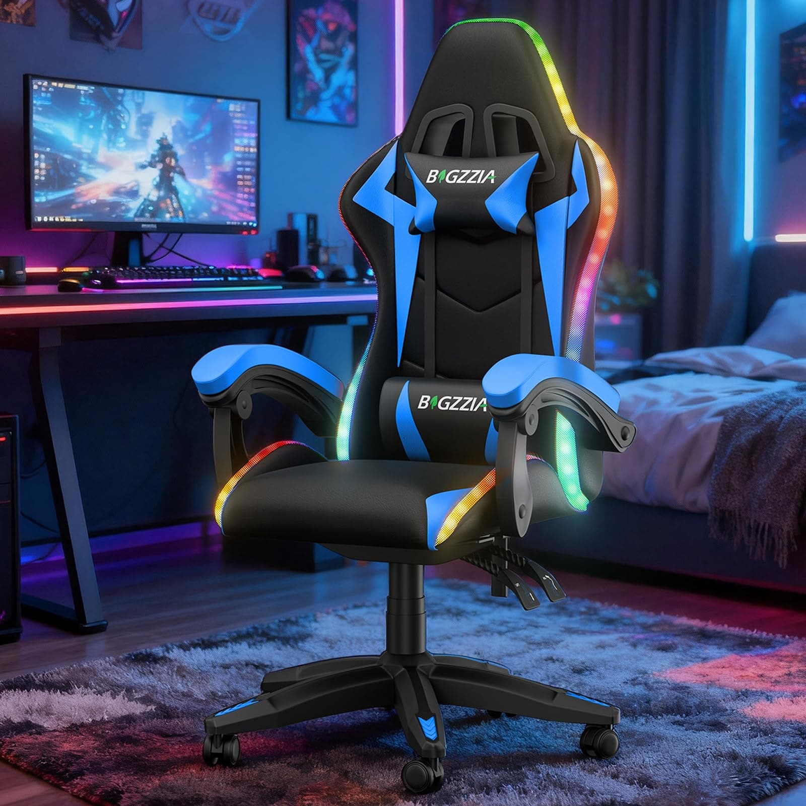 GartistGo Gaming-Stuhl mit LED-Lichtern, ergonomischer verstellbarer Stuhl mit RGB-Lichtern, verstellbare Kopfstütze und Lendenwirbelstütze, PU-Leder Computer-Bürostuhl, höhen- und neigungsverstellbar