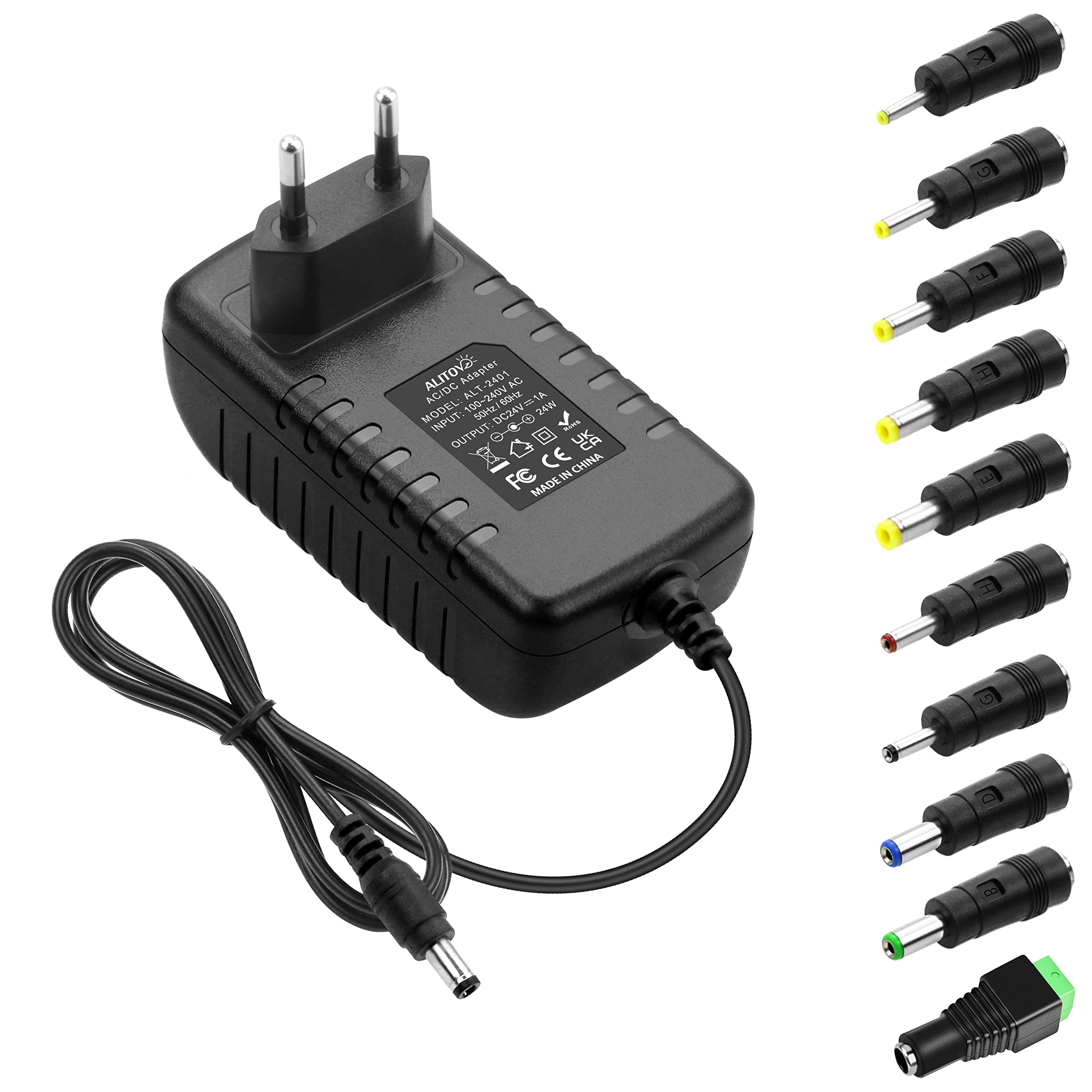 ALITOVE Netzteil 24V 1A Adapter DC 24 Volt 24W Steckernetzteil 1000mA 800mA 500A Transformator mit 10 Steckers für LED Streifen ADSL Katzen Sicherheitskameras Audio Video Netzteile