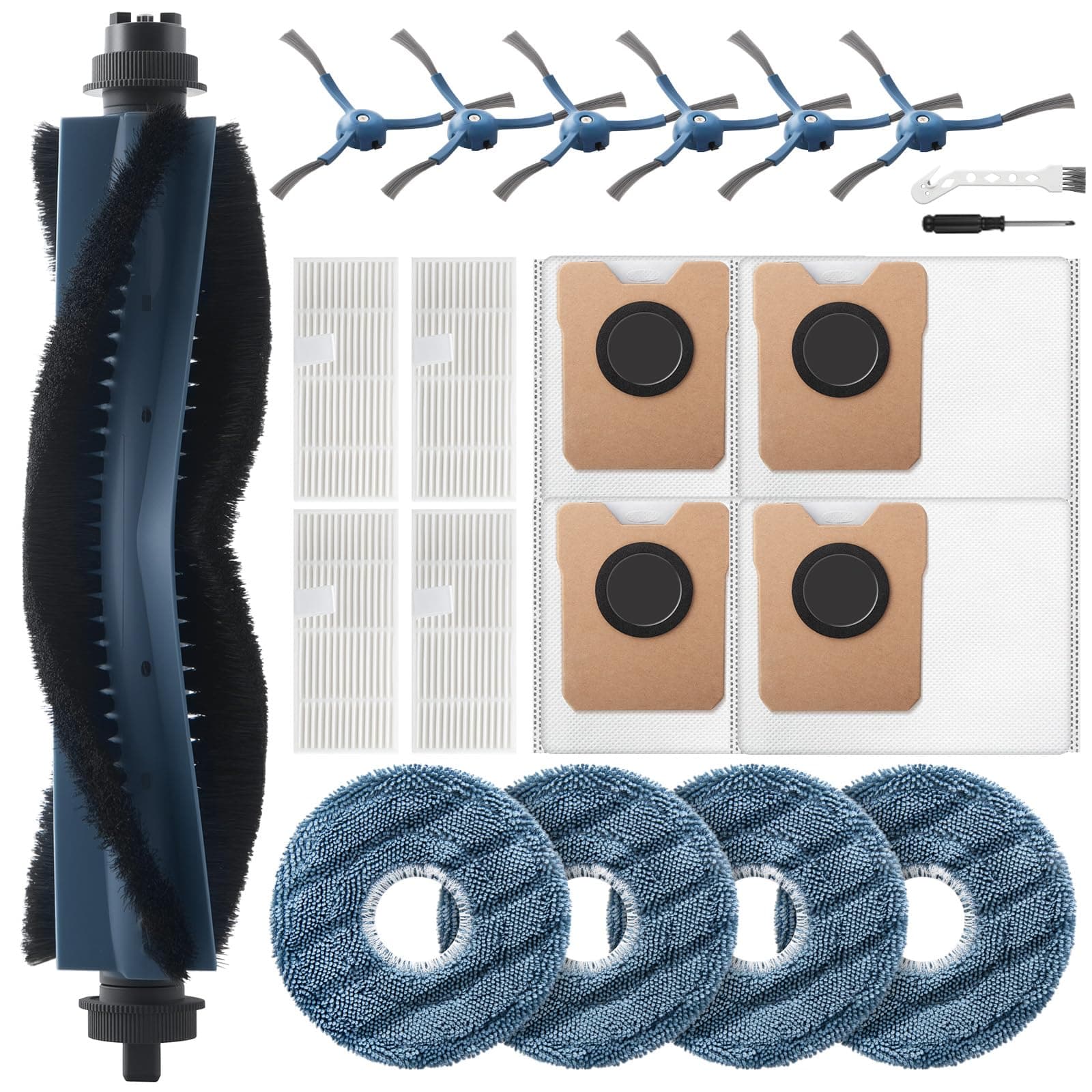 MXZONE 20 Stück Staubsauger Zubehör für Eufy Omni C20 Saugroboter, 1 Hauptbürste, 4 Wischtücher, 4 Filter, 6 Seitenbürsten, 4 Staubbeutel, 1 Reinigungsbürste, 1 Schraubenzieher