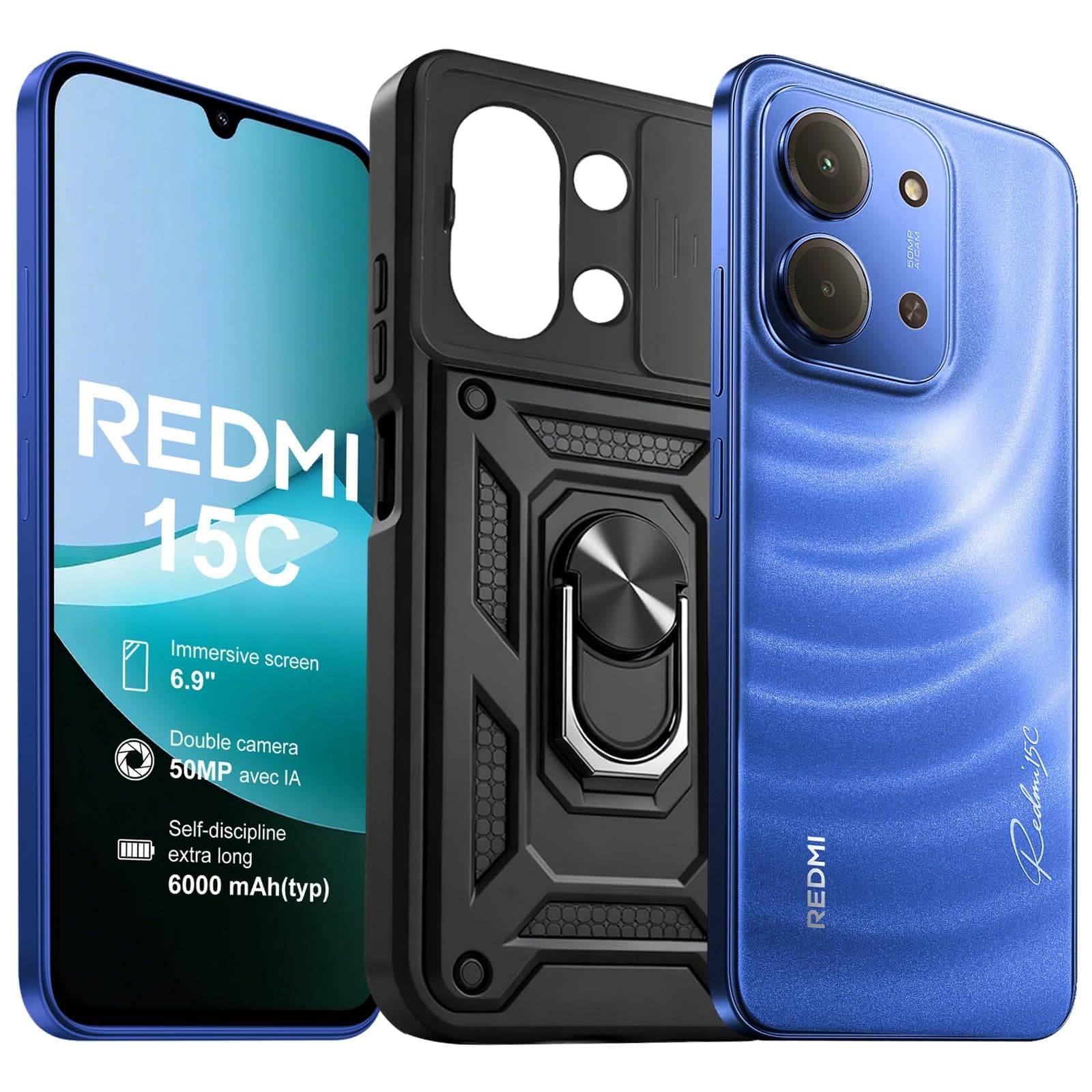 XIAOMI Redmi 15C Smartphone - 4GB / 128GB, Bildschirm 6,9 ", 120Hz, 50MP Dual-Kamera, 6000mAh Blau, Kein Ladeadapter (mit Handyhülle)