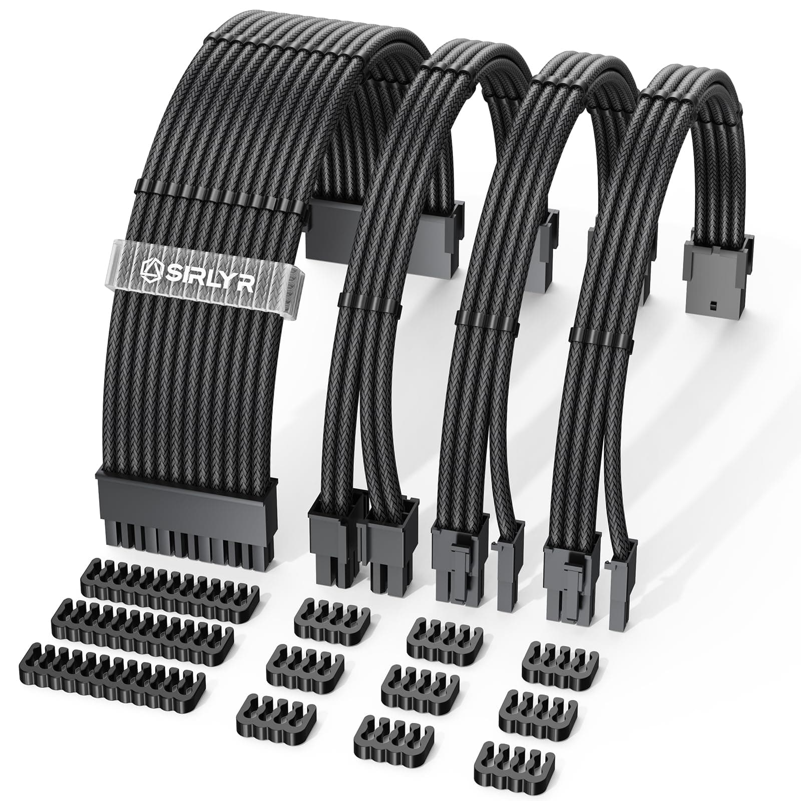 SIRLYR PSU Kabelverlängerung Kit 16AWG – 24Pin ATX, 8Pin EPS, 2x 8Pin PCIE (vergoldet), Dual Cable Combs, vorgebogen & sleeved | PC Kabel Extension Set, Netzteil Kabel Set