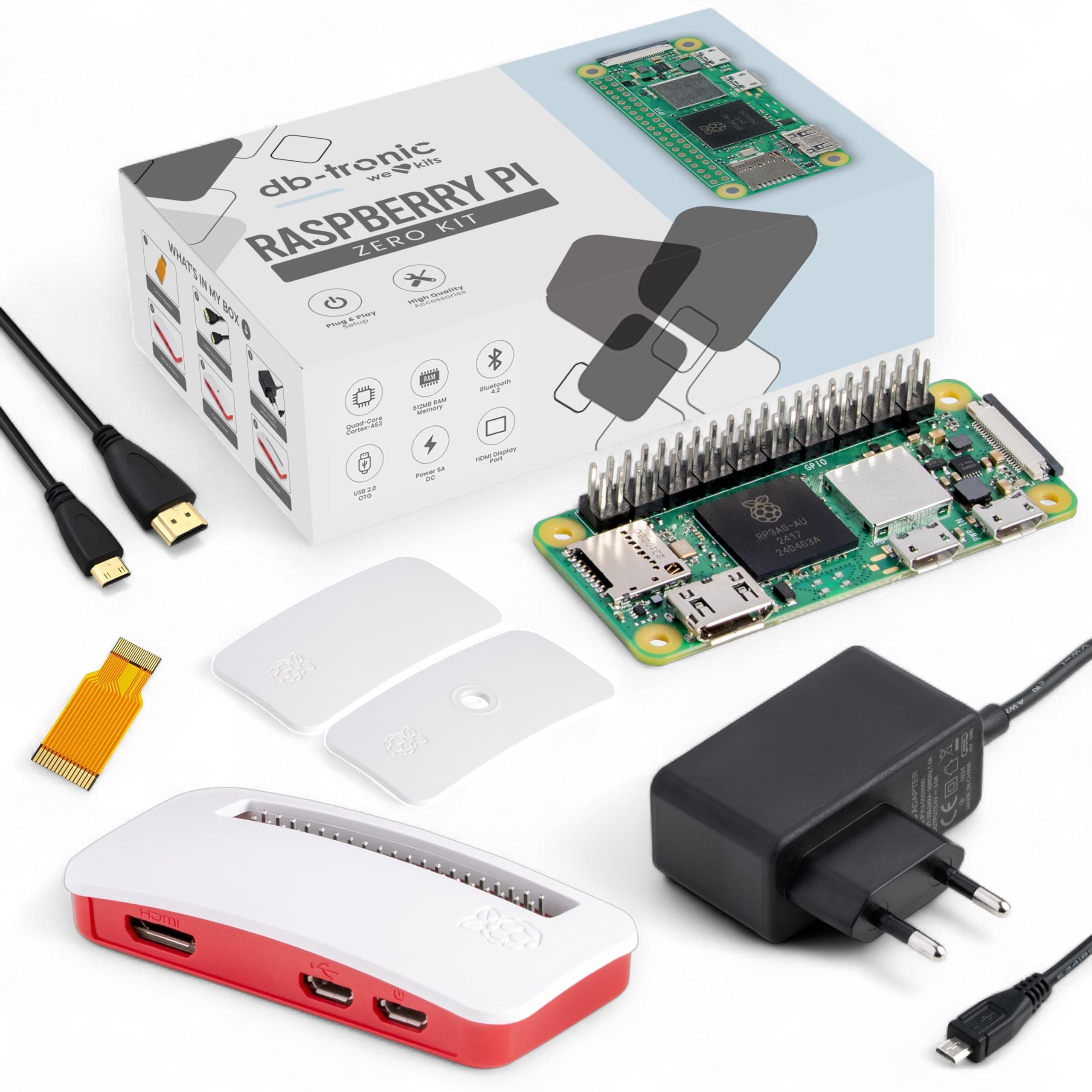 Raspberry Pi Zero 2 WH Starter-Set | Offizielles Gehäuse mit 3 Abdeckungen | Netzteil 13W | Mini HDMI Kabel 1m | Kamera-Kabel | Gummifüße | Raspberry Pi Zero 2 WH 512 MB RAM mit GPIO-Leiste