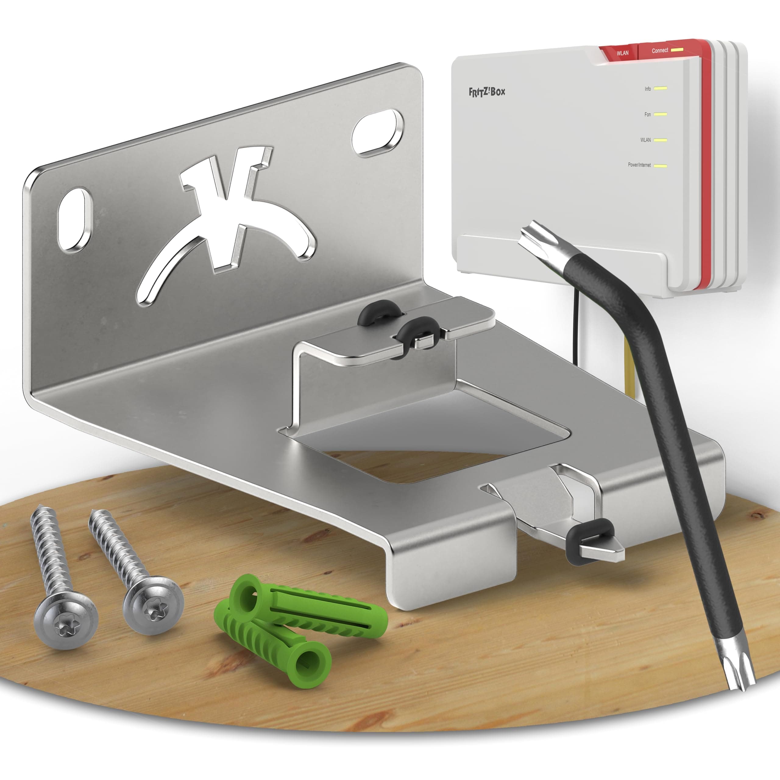 Fritzbox 5690 pro Wandhalterung | Edelstahl Router Wandhalterung geeignet für Fritzbox 5690 Pro | Fritzbox Wandhalterung inkl. Montagezubehör | Wandhalterung Fritzbox 5690 Pro aus deutscher Produktion