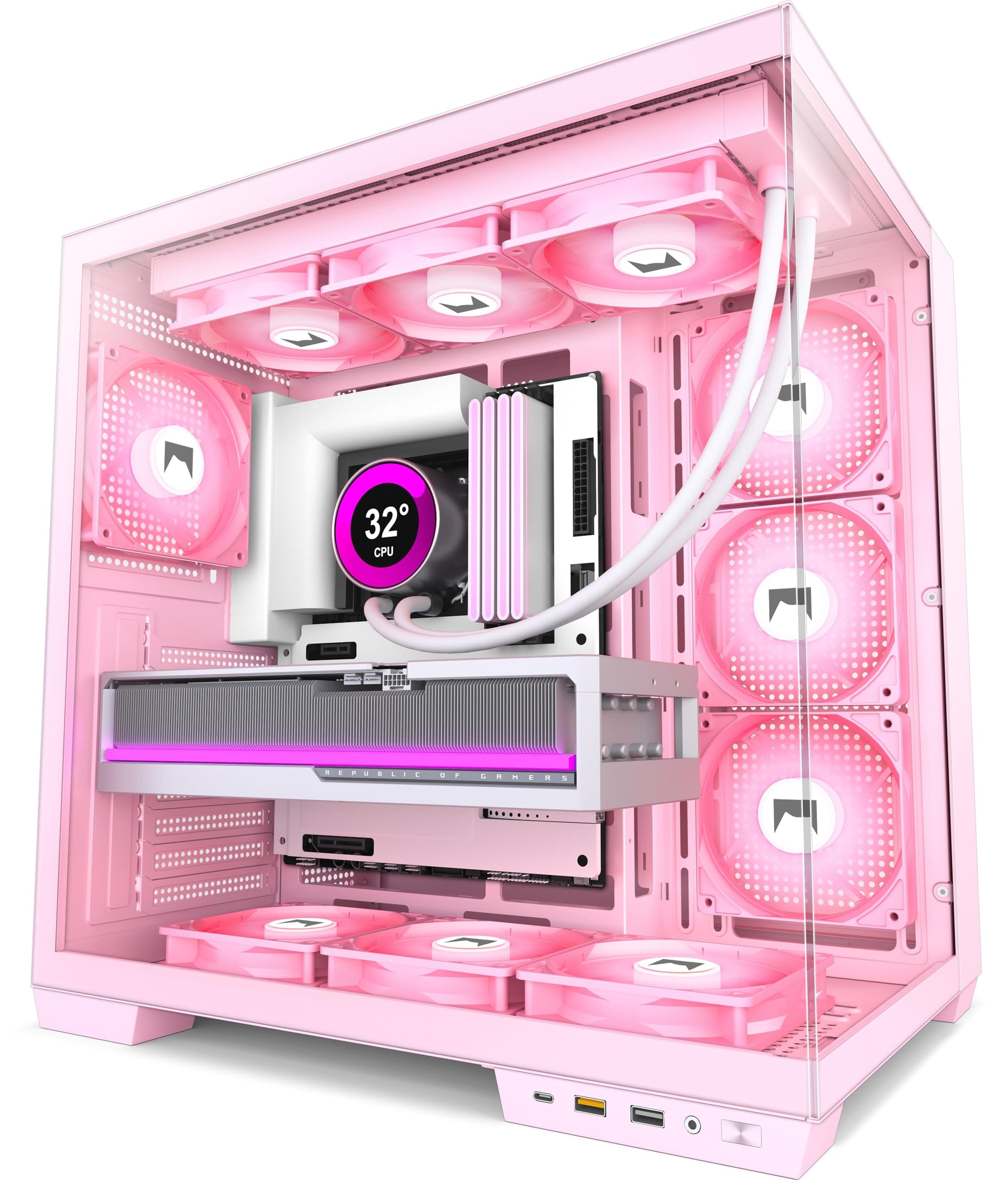 HYXN H1 ATX PC Gehäuse – Vorinstallierte 7 PWM ARGB Lüfter, Dual Kammer Mid Tower Gaming PC Gehäuse, mit Type-C, gleichzeitige Installation von 3X 360 mm Kühler (Rosa, H1)