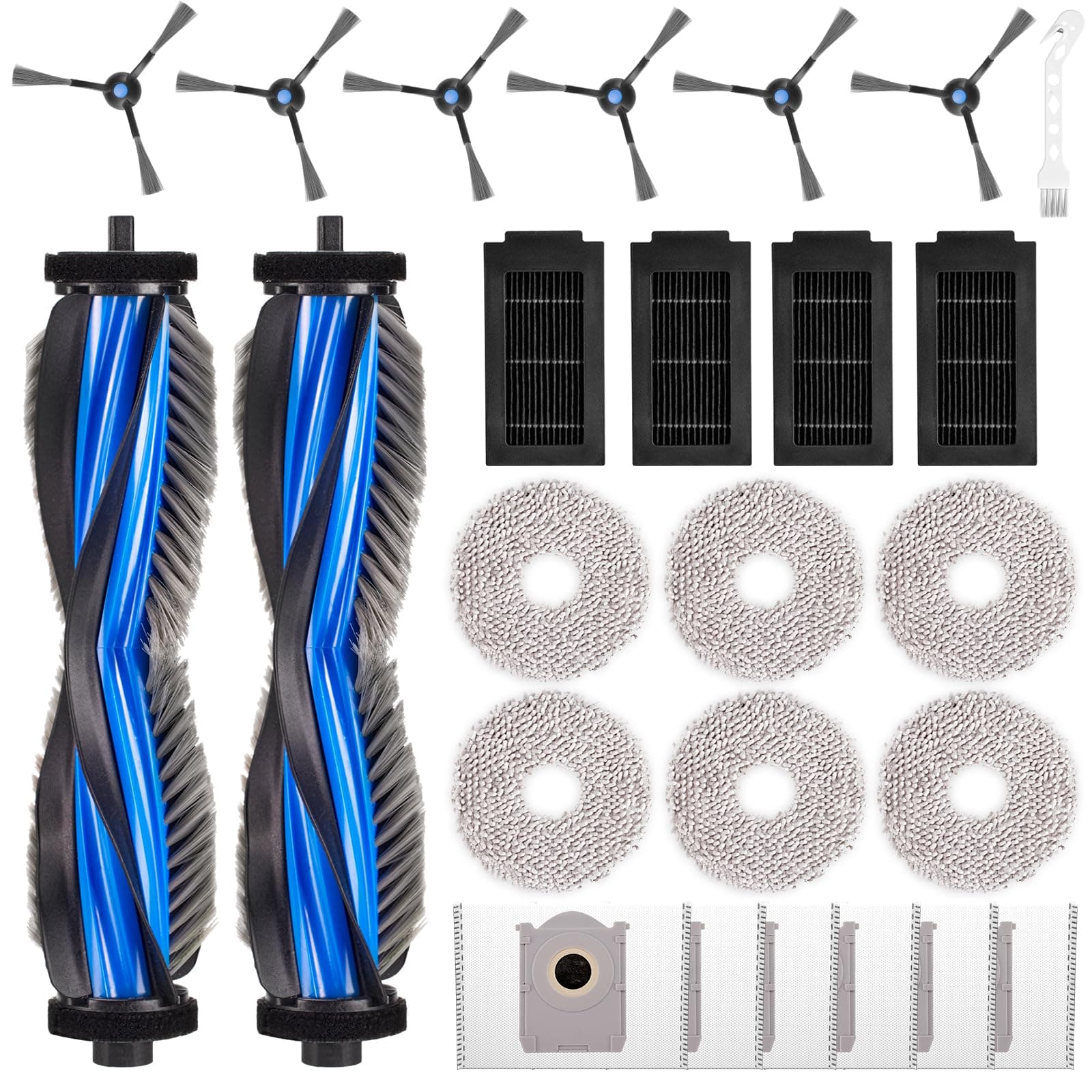 EOVWAEO 25 Stück Zubehörset für ECOVACS DEEBOT T50 PRO Omni / T50 PRO Omni Gen2 / T50 Omni Saugroboter, Ersatzubehör 2 Hauptbürste 6 Wischpads 6 Staubbeutel 6 Seitenbürste 4 Filter 1 Reinigungsbürste