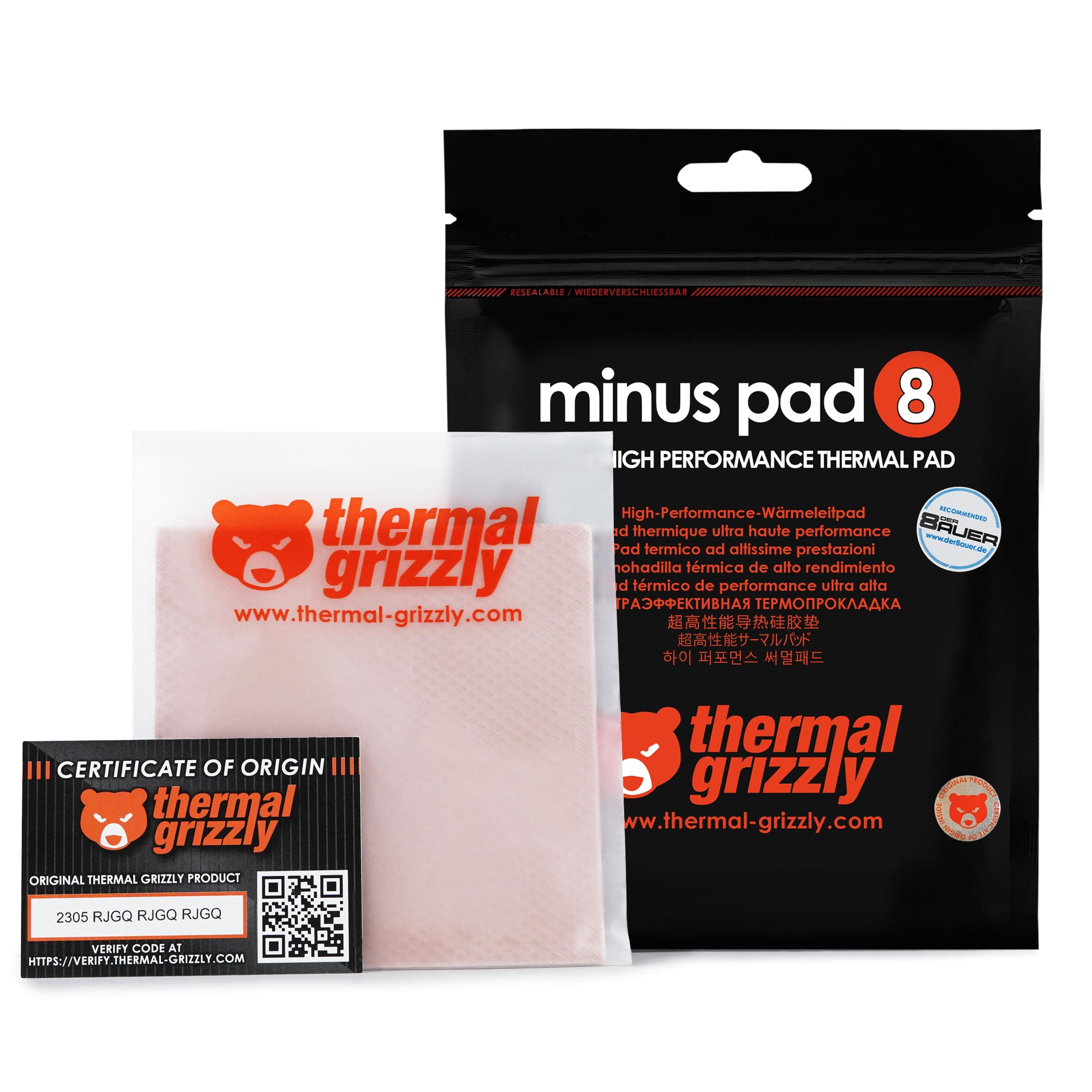 Thermal Grizzly - Minus Pad 8 (100x100x1,5mm) - elektrisch Nicht leitendes Wärmeleitpad, hohe Wärmeleitfähigkeit und Komprimierbarkeit für SSDs, GPUs, Konsolen und Elektronik