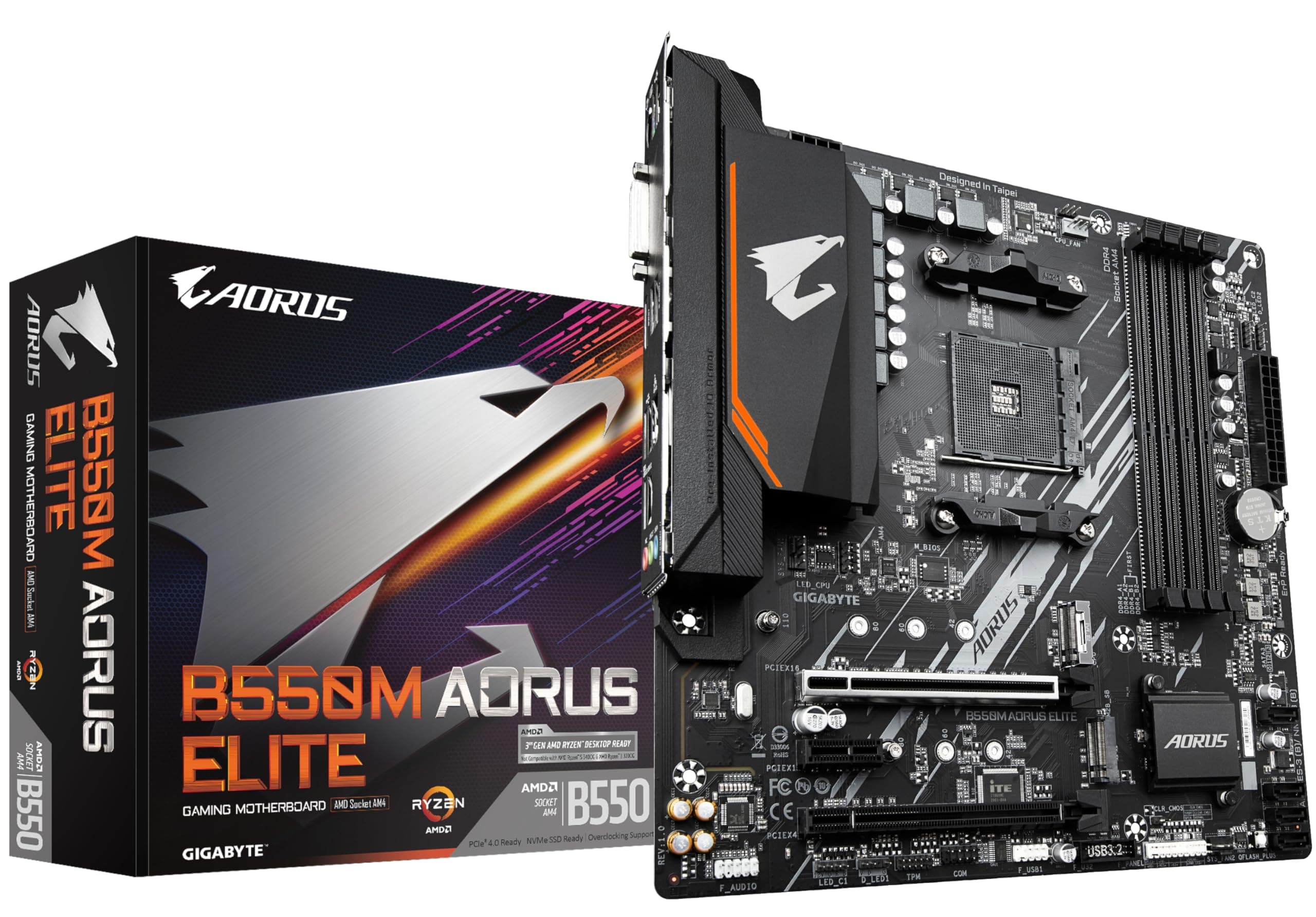 GIGABYTE B550M AORUS Elite Mainboard – AMD Ryzen 5000 CPUs, 5+3 Phasen VRM, bis zu 4733 MHz DDR4, 1xPCIe 4.0 + 1xPCIe 3.0 M.2, 1GbE LAN, USB 3.2 Gen 1