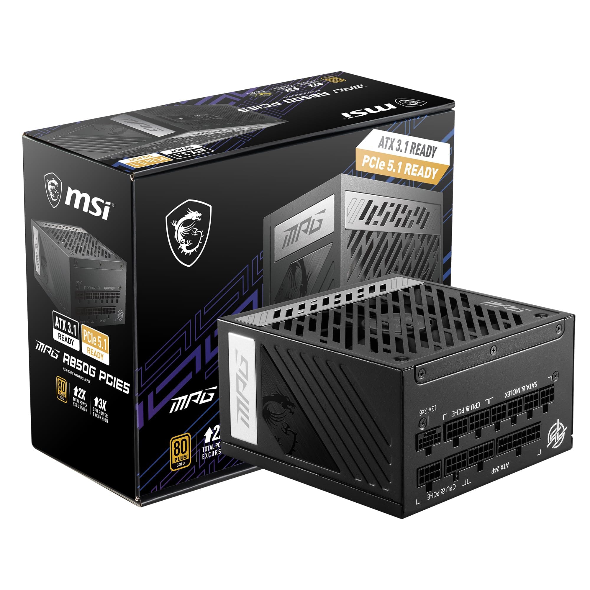 MSI MPG A850G PCIE5 Netzteil, EU Stecker - 850W, 80 Plus Gold Zertifiziert, vollmodularer ATX 3.0, unterstützt PCIe 5.0 GPU, japanische 105°C Kondensatoren, 0% RPM Modus, Flachkabel