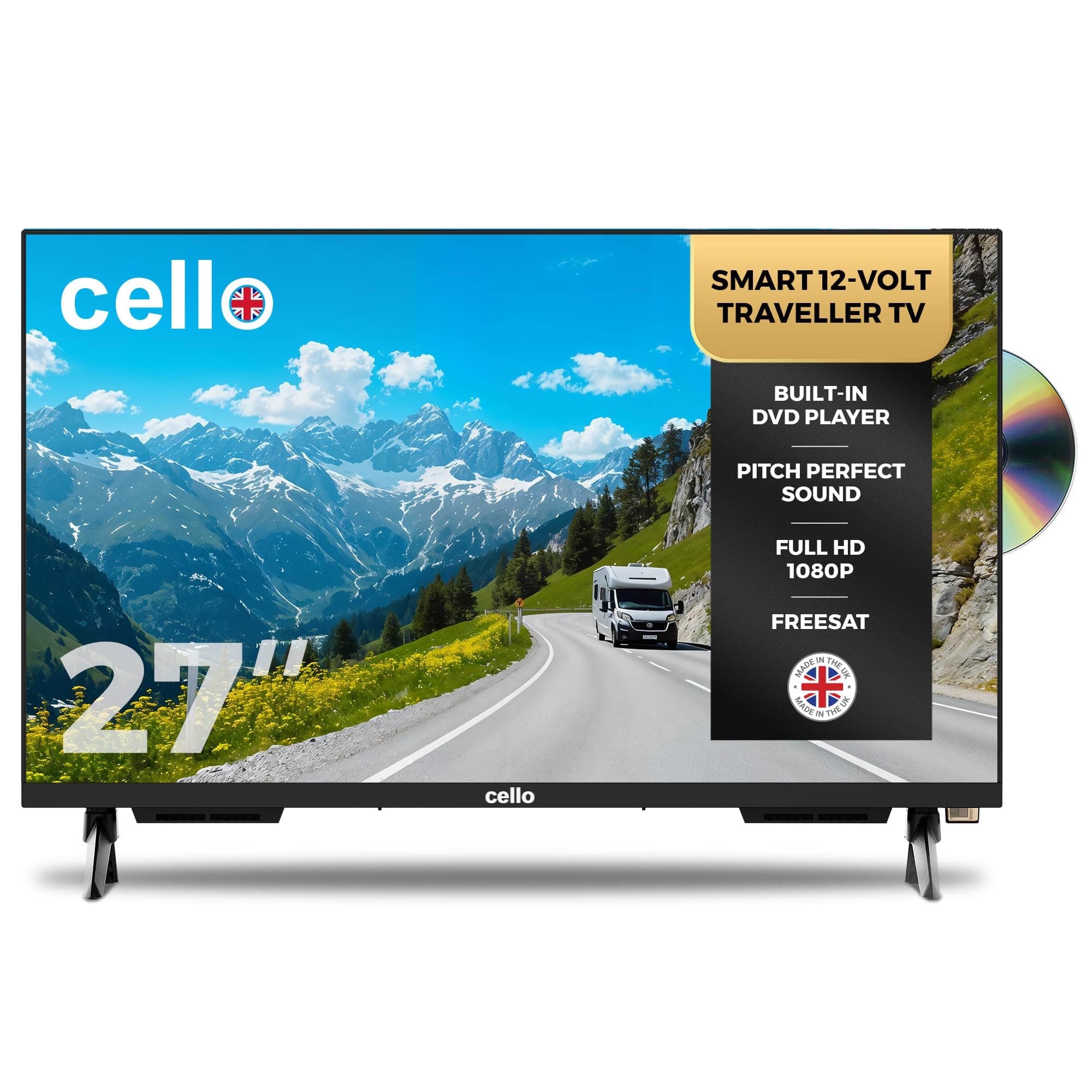 Cello C2725WSF Trav 27 Zoll 12V Smart Traveller TV mit DVD, 230V, WebOS, Freeview Play, Perfect Pitch Sound, ideal für Wohnwagen und Wohnmobile, hergestellt in Großbritannien
