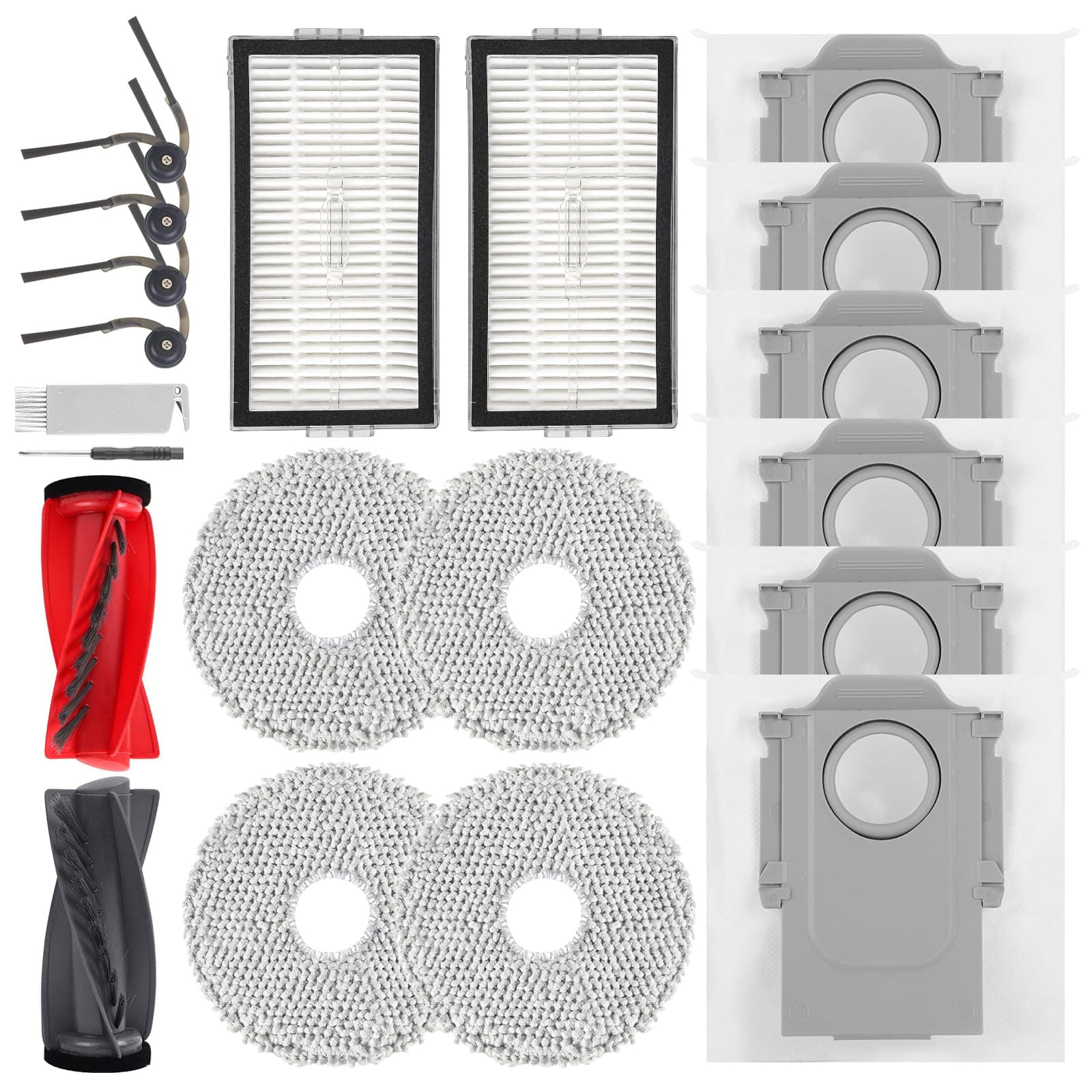Zubehör für Roborock Saros 10R,Qrevo CurvX,Qrevo Curv 2 Pro/2 ProX Staubsauger,1 Hauptbürsten,2 HEPA-Filter,6 Staubbeutel,4 Wischtücher,4 Seitenbürsten,1 Bürste,1 Schraubendreher,20 pcs Ersatzteilset