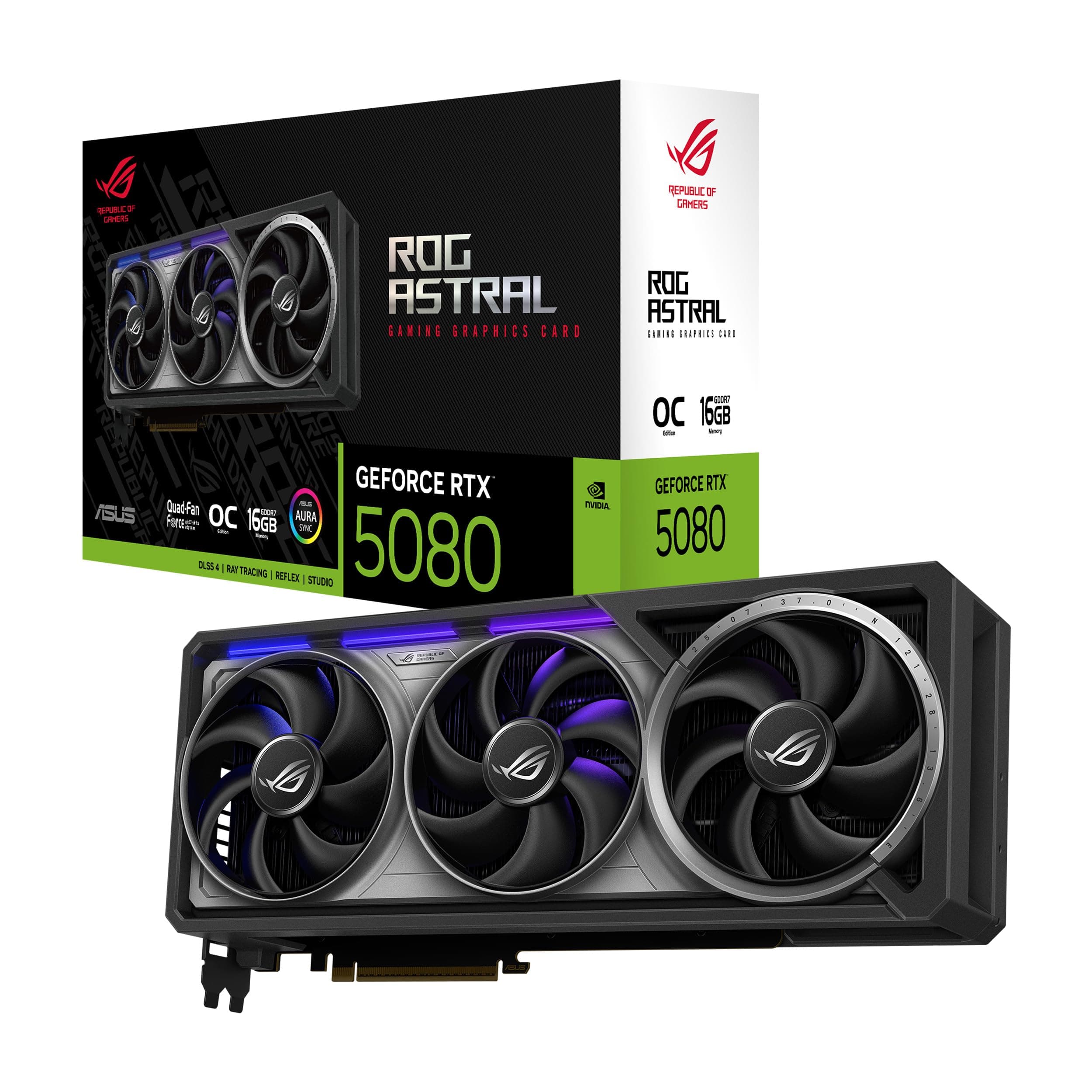 ASUS ROG Astral GeForce RTX 5080 16GB GDDR7 OC Edition Gaming Grafikkarten, PCIe x16 5.0, Nvidia GeForce RTX5080, Vier Lüfter, 2X HDMI 2.1b, 3X DisplayPort 2.1a, ROG-ASTRAL-RTX5080-O16G-GAMING