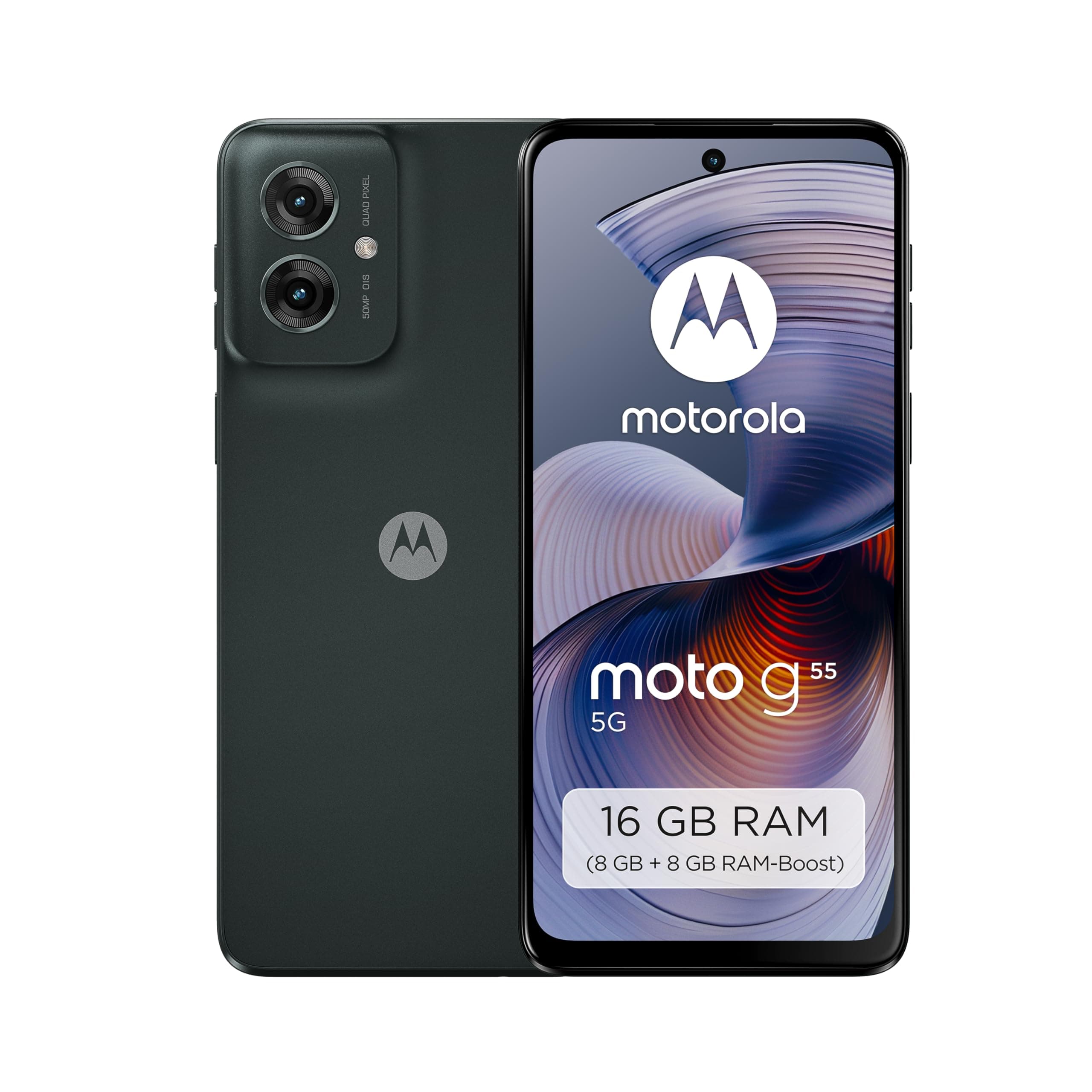 Motorola Moto g55 5G Smartphone (kratzfestes 6,49"-FHD+-Display, 50-MP-Kamera, 8/256 GB, wasserabweisendes Design, 5000 mAh, Android 14) Forest Grey, inkl. Schutzcover