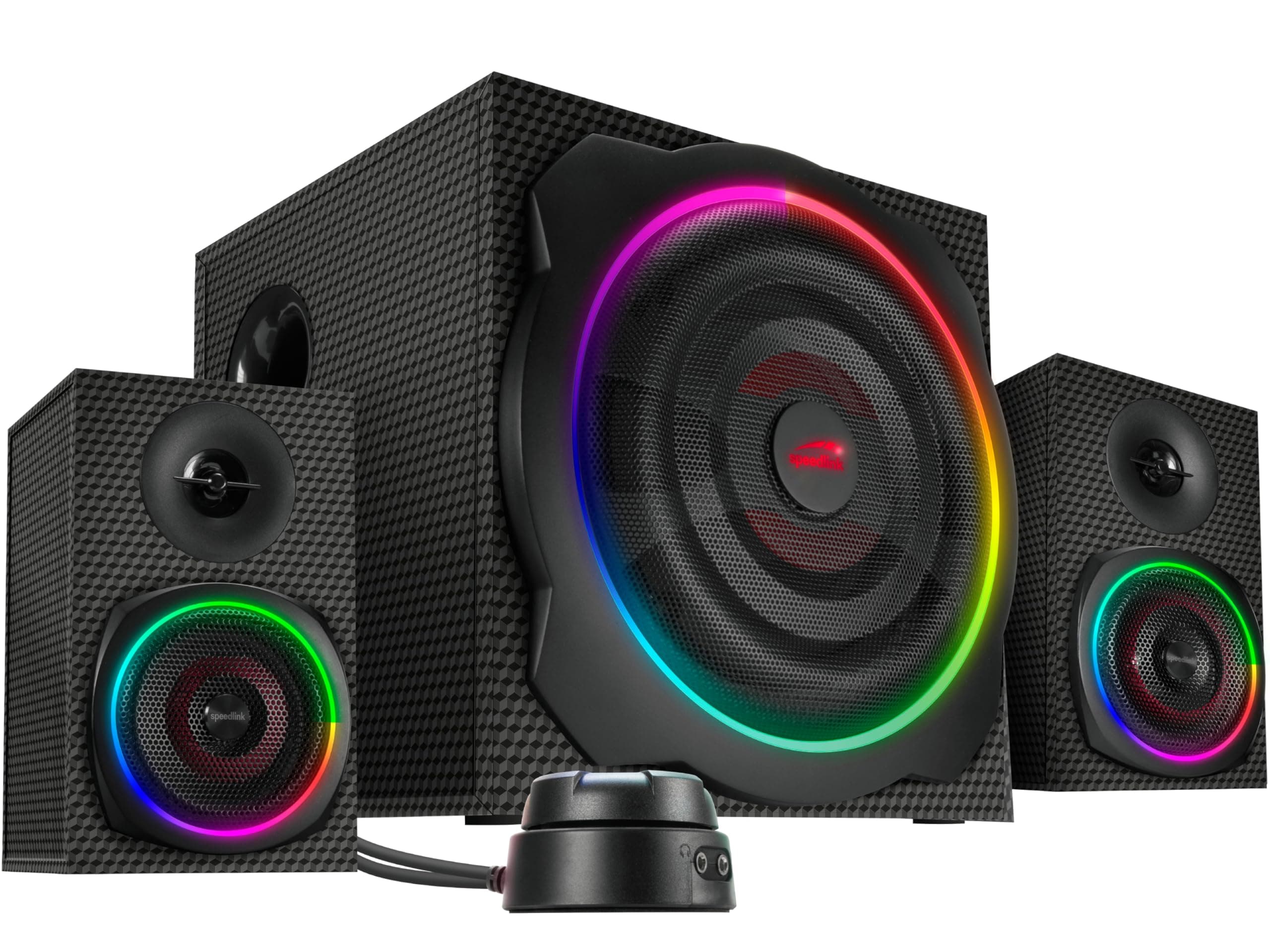 Speedlink GRAVITY CARBON RGB 2.1 Soundsystem Bluetooth - PC Lautsprecher mit Subwoofer aus Holz, Aktiv Lautsprechersystem 120 Watt, 3,5mm Klinke, AUX, Tischfernbedienung, schwarz