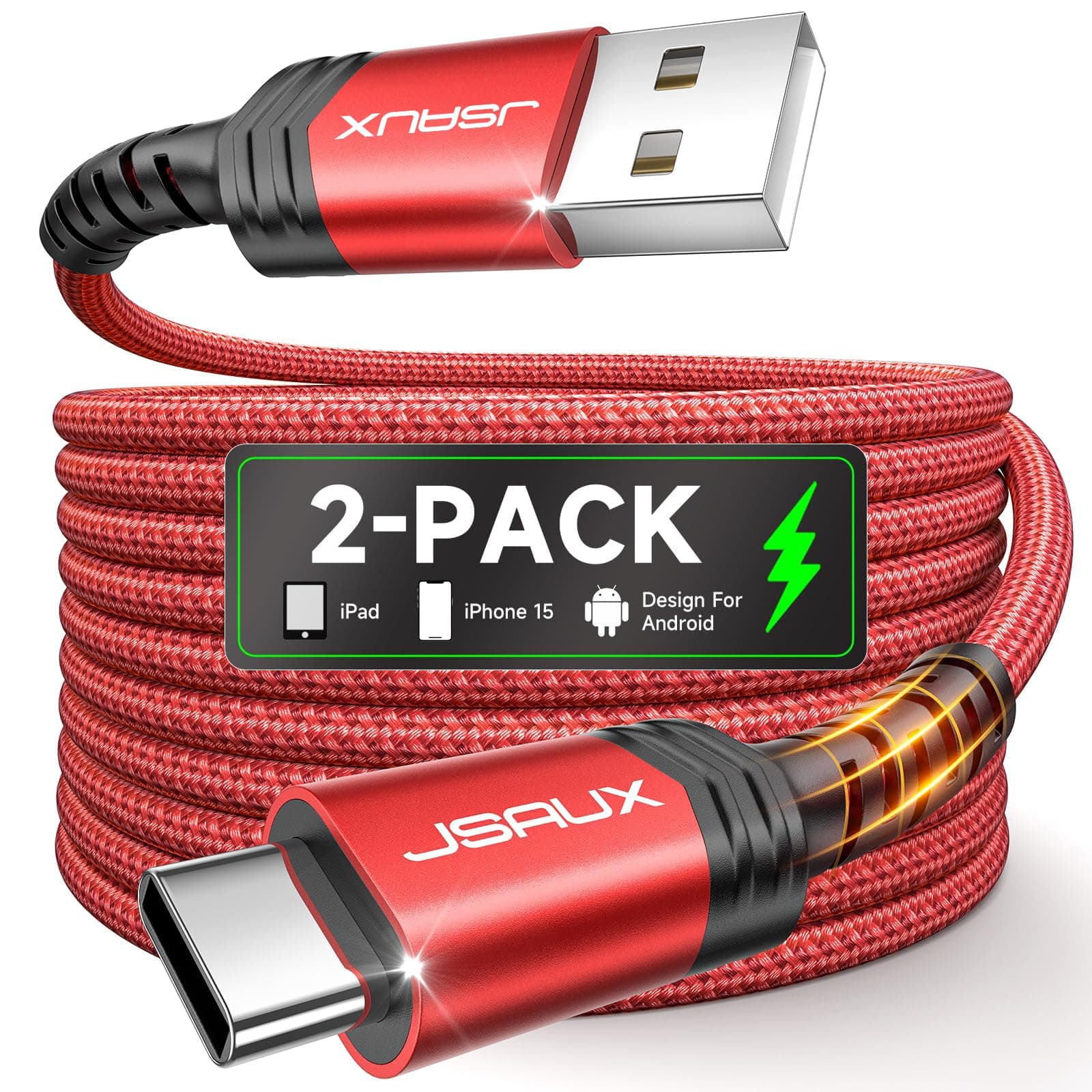 JSAUX USB C Kabel 3.1A [2 Stück 2M], Ladekabel USB C Nylon Geflochten Schnellladekabel Kompatibel mit Samsung Galaxy S25 S24 S23 Ultra S22 S21, iPhone 17 16 15 Pro Max, CarPlay, PS5 Controller-Rot