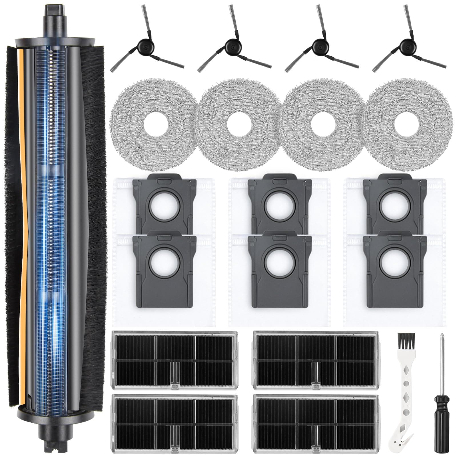 TriCut-Bürste Zubehör für Dreame L10s Ultra Gen 3 / X40 Ultra Complete / L40 Ultra / X40 Master/Mova P50 Pro Ultra Saugroboter, 6 Staubbeutel 4 Seitenbürsten 4 Wischtücher 4 Filter 1 Hauptbürste