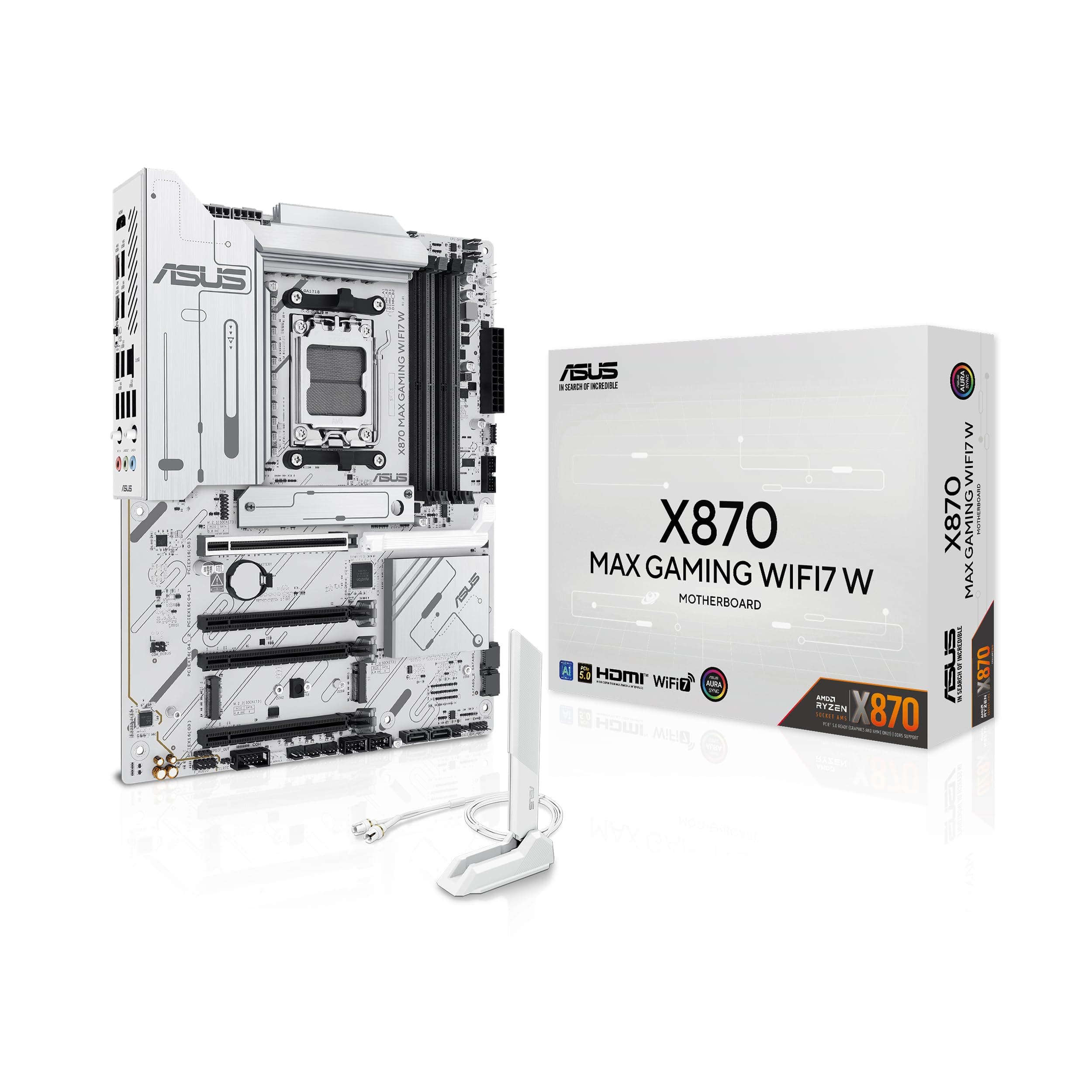 ASUS X870 MAX Gaming WIFI7 W Mainboard Sockel AMD AM5 (Ryzen 9000, ATX, DDR5 Speicher, PCIe 5.0, WiFi 7, Aura Sync, PCIe Slot Q-Release, CEC Tier II, weiß)