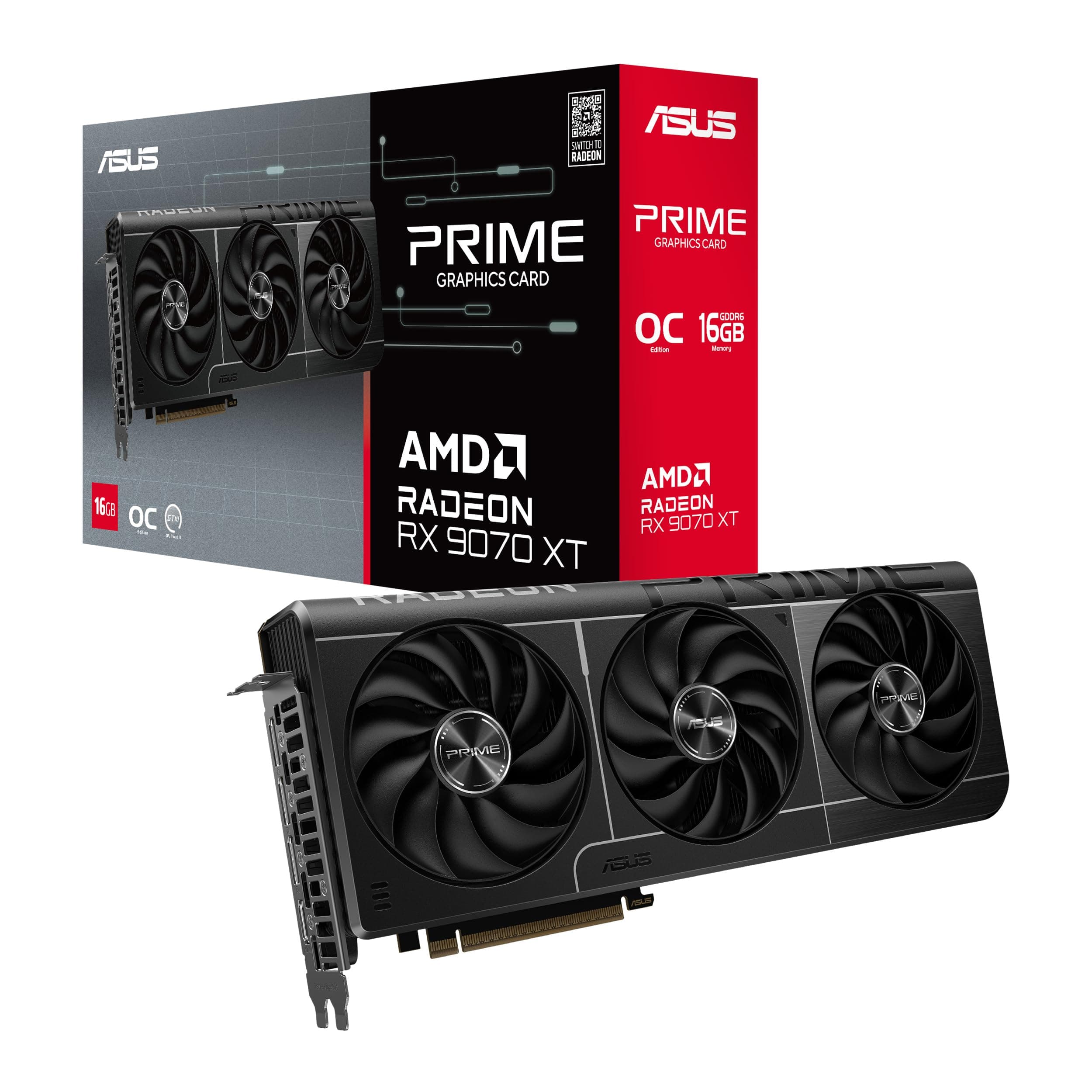 ASUS Prime Radeon RX 9070 XT OC Edition 16GB GDDR6 Gaming Grafikkarte (AMD Radeon RX9070XT, PCIe 5.0, 1x HDMI 2.1b, 3X DisplayPort 2.1a, 2.5-Slot-Design, PRIME-RX9070XT-O16G)