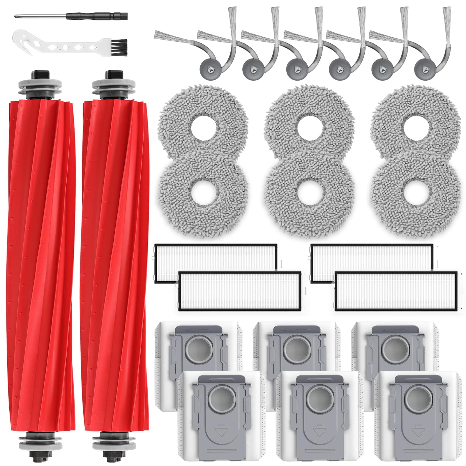 26 Stück Zubehör Ersatzteile für Roborock QV 35A/QV 35S Saugroboter, 2 Rollenbürste, 4 HEPA-Filter, 6 Staubbeutel, 6 Wischtücher, 6 Seitenbürsten, 1 Reinigungsbürste