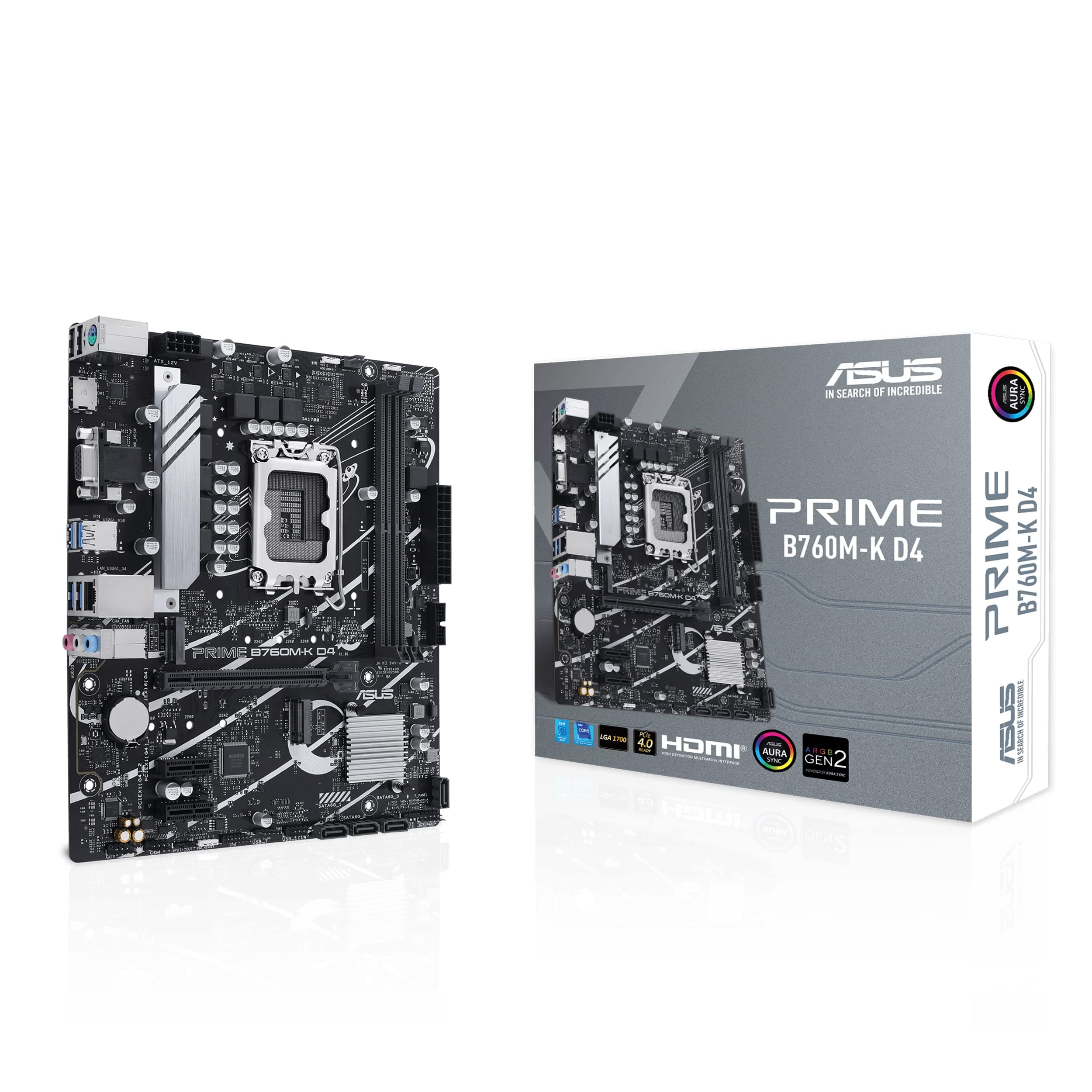 ASUS PRIME B760M-K D4 Gaming Mainboard Sockel Intel LGA 1700 (Intel B760, mATX, DDR4 Speicher, 2x PCIe 4.0 M.2, Aura Sync)