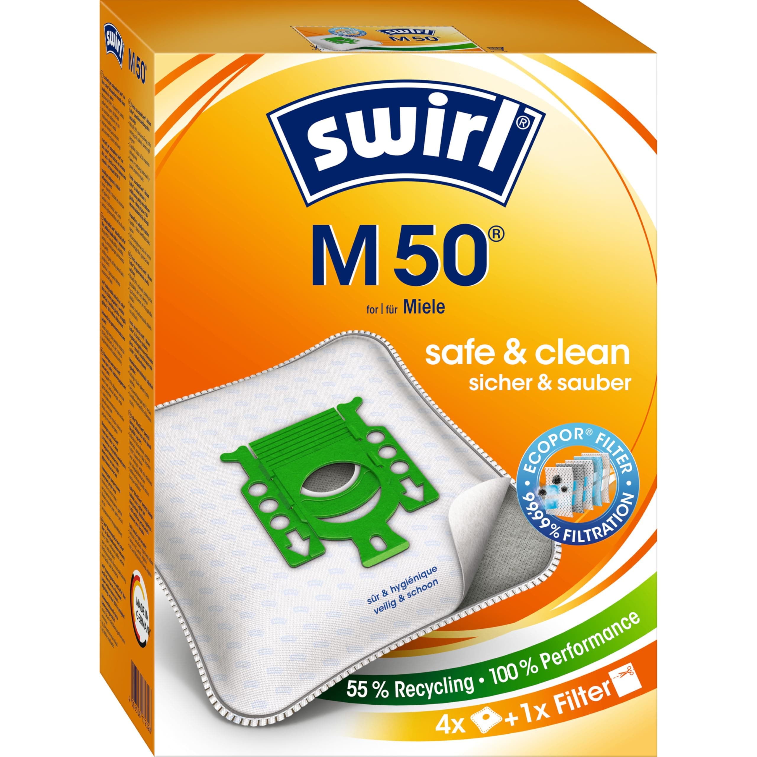 Swirl M 50 EcoPor Staubsaugerbeutel (4 Beutel), reißfeste Staubbeutel für einige Miele Staubsauger, 99,9% Filterung von Hausstaub & allergenem Feinstaub