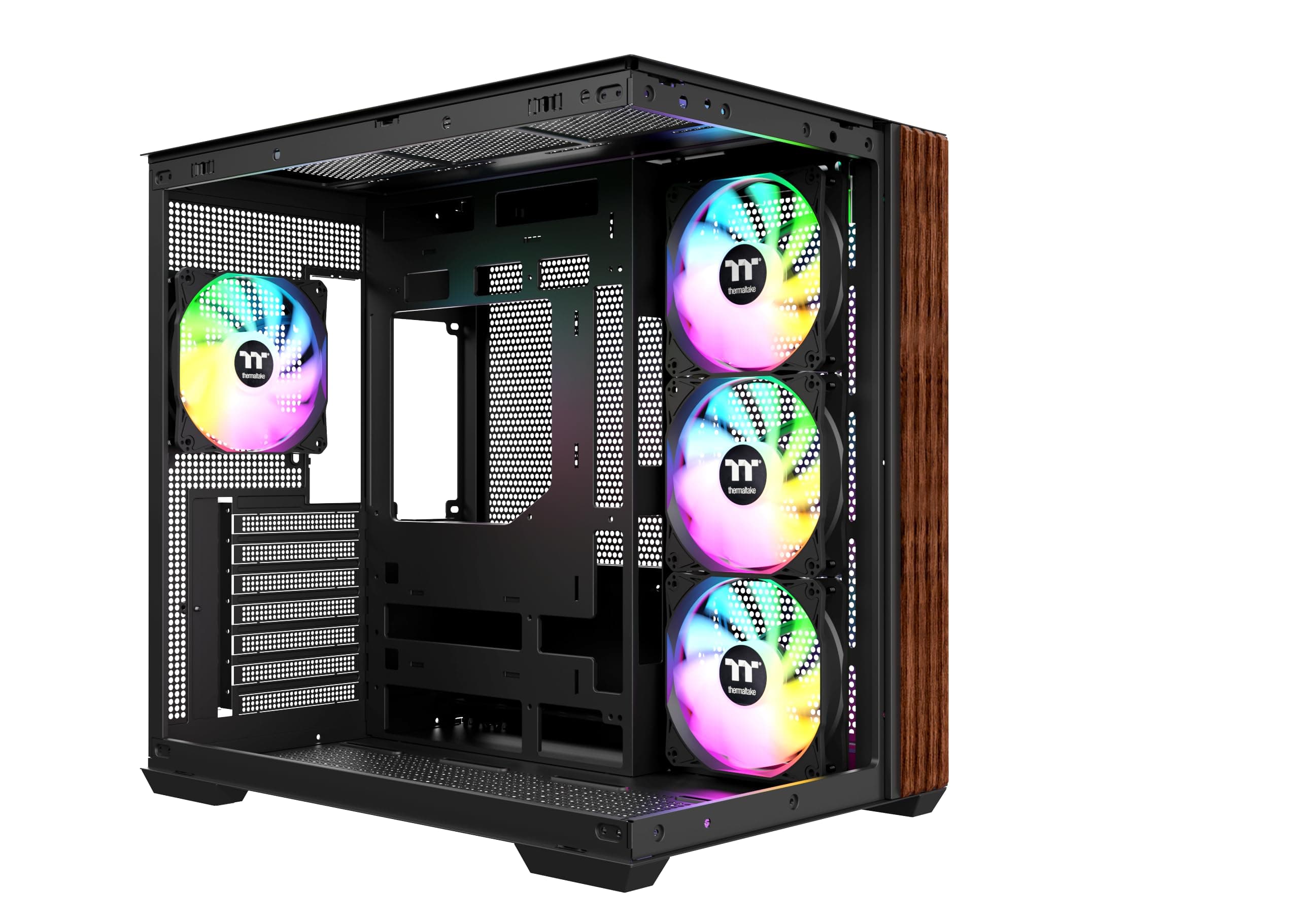 Thermaltake View 380 WS ARGB ATX Mid-Tower – Dual-Chamber Gehäuse mit Holz-Akzent, TG Front+Seite, 4x120mm ARGB Lite vorinstalliert, Hidden-Connector, USB-C, max. 360mm Radiator, Schwarz
