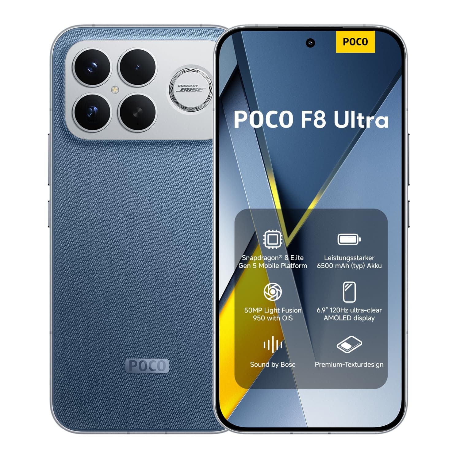 XIAOMI Poco F8 Ultra, Smartphone 16+512 GB, 6.9" 120Hz AMOLED Display, 50MP Light Fusion 950 mit OIS, Sound by Bose, 6500mAh, Denim Blue, 2 Jahre Garantie