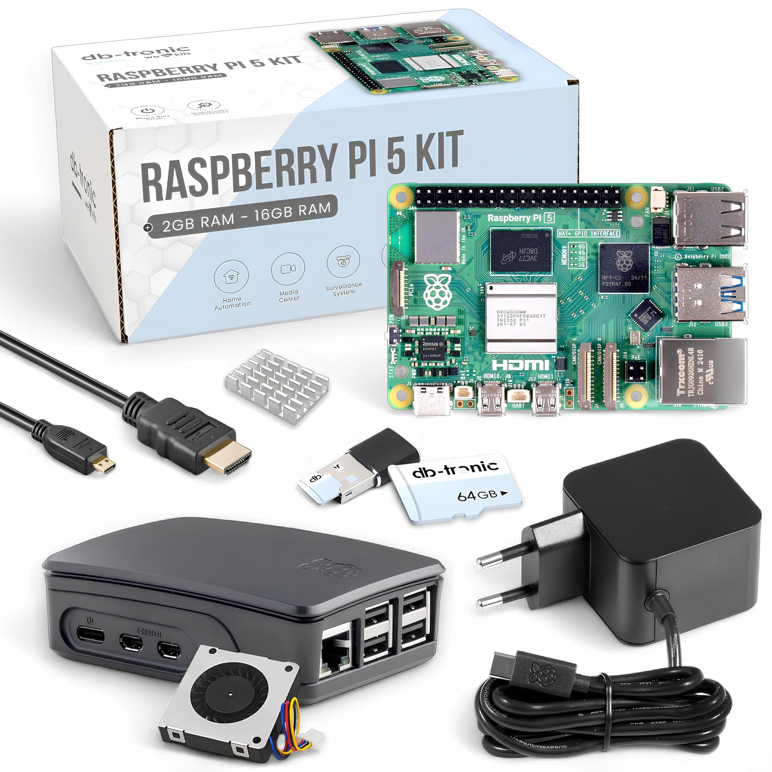 Raspberry Pi 5 8GB Starter-Kit | 64GB Black Edition | Offizielles 27W Netzteil | Offizielles Gehäuse mit Lüfter | 4K Micro HDMI Kabel 1m