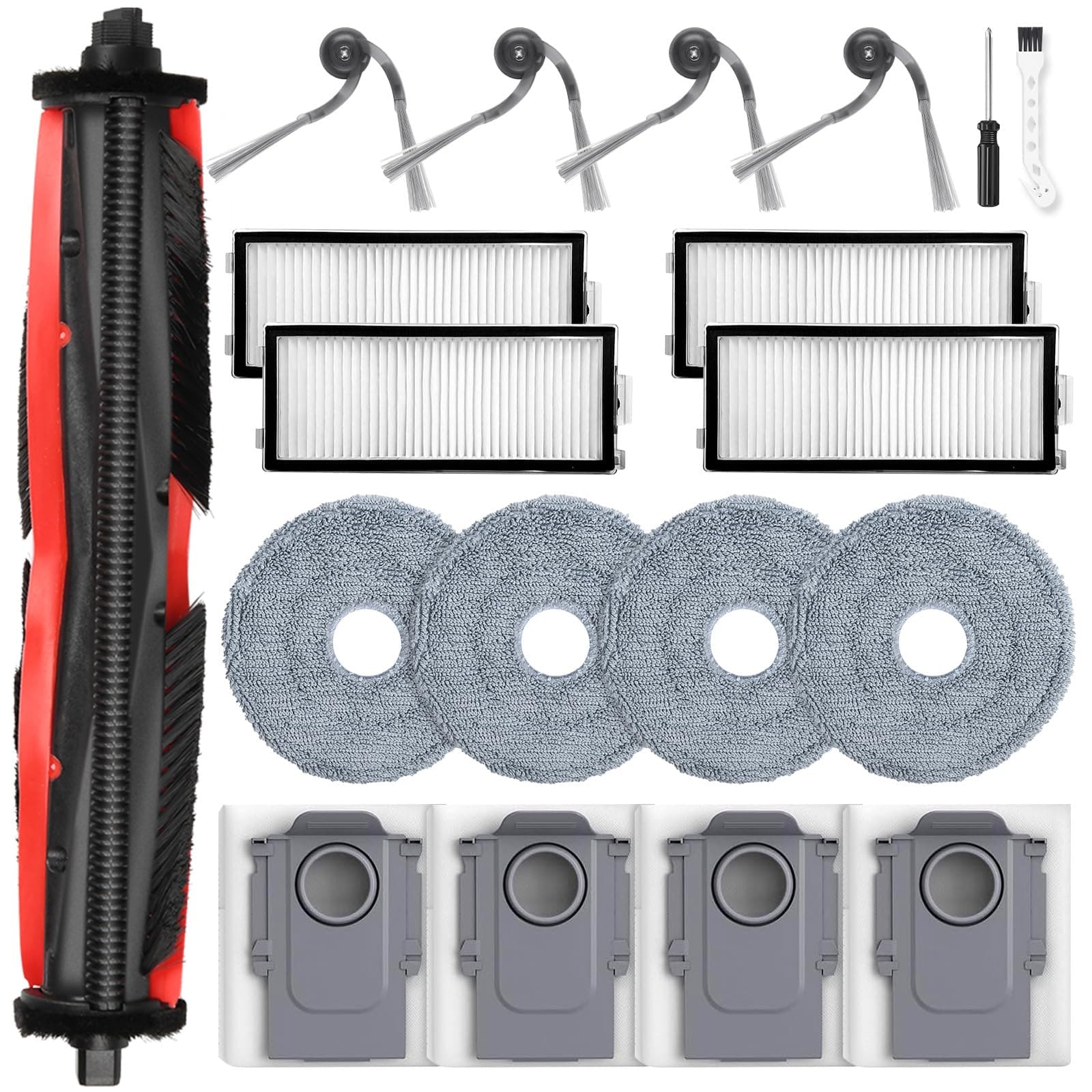 19 Stück Zubehör für Roborock Saros Z70 Saugroboter, Ersatzteil mit 4 Staubbeutel 4 Seitenbürsten 4 Wischtücher 4 HEPA Filter 1 FreeFlow Hauptbürste 1 Reinigungsbürste 1 Schraubendreher