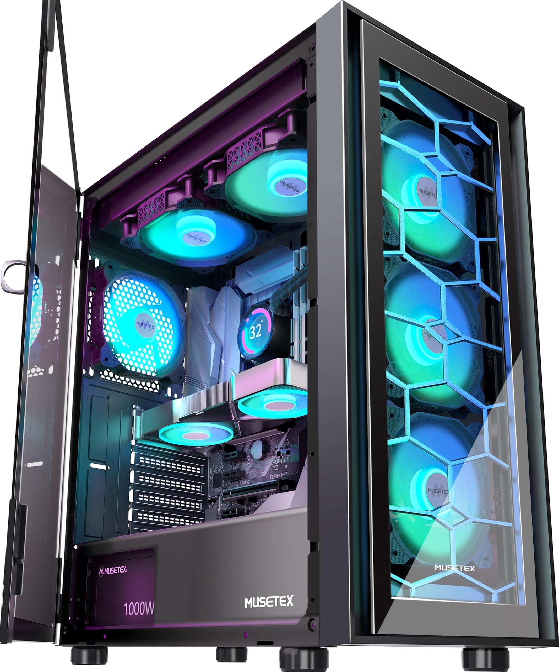 MUSETEX PC Gehäuse ATX, 6 PWM ARGB Lüfter vorinstalliert ATX Gehäuse, Computergehäuse mit zu öffnender Hartglastür, Mid Tower Gaming PC Gehäuse, USB 3.0 x 2, Schwarz, G07