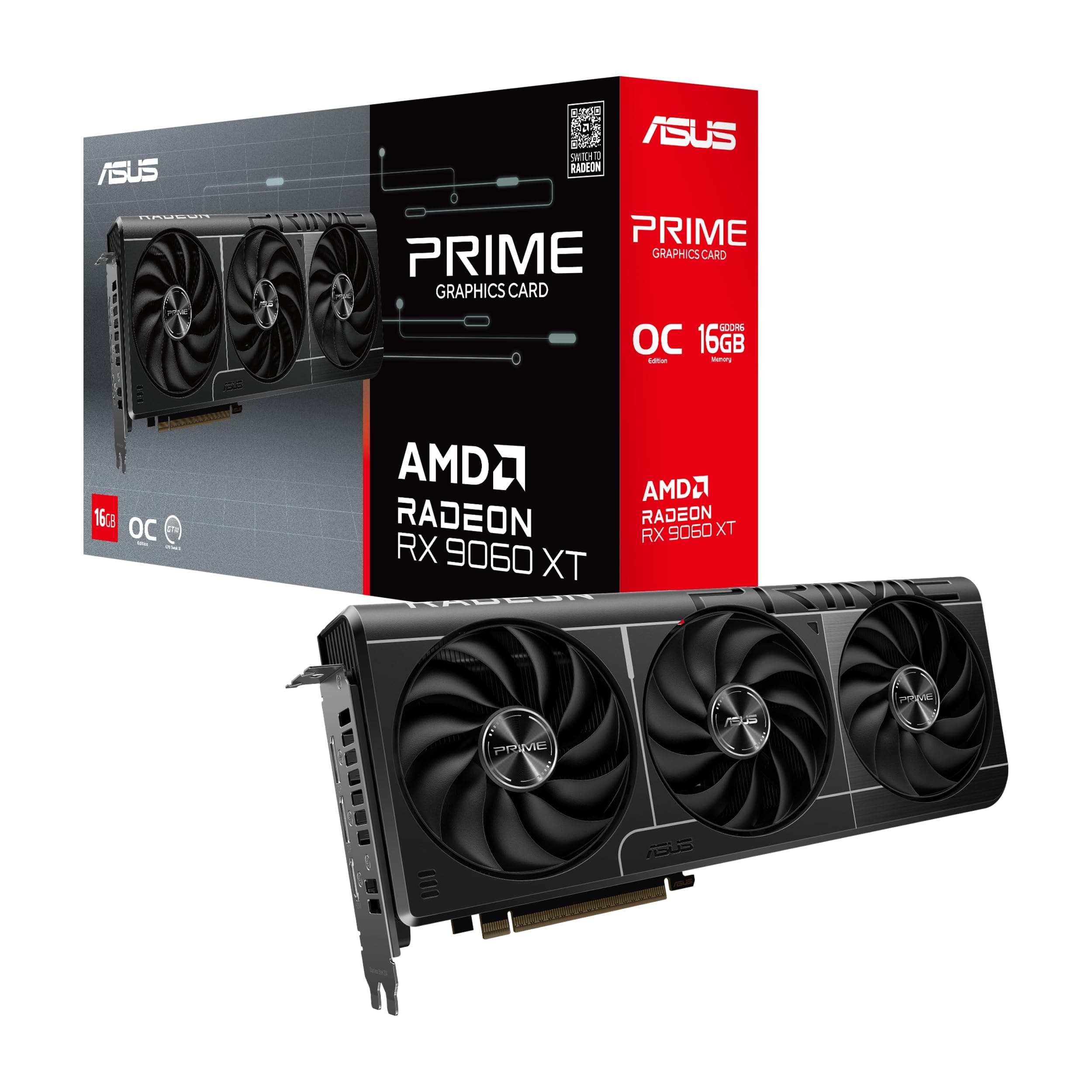 ASUS Prime Radeon RX 9060 XT OC Edition 16GB GDDR6 Gaming Grafikkarte (AMD Radeon RX9060XT, AMD RDNA 4 Architektur, PCIe 5.0, 1x HMDI 2.1b, 2X DisplayPort 2.1a, PRIME-RX9060XT-O16G)