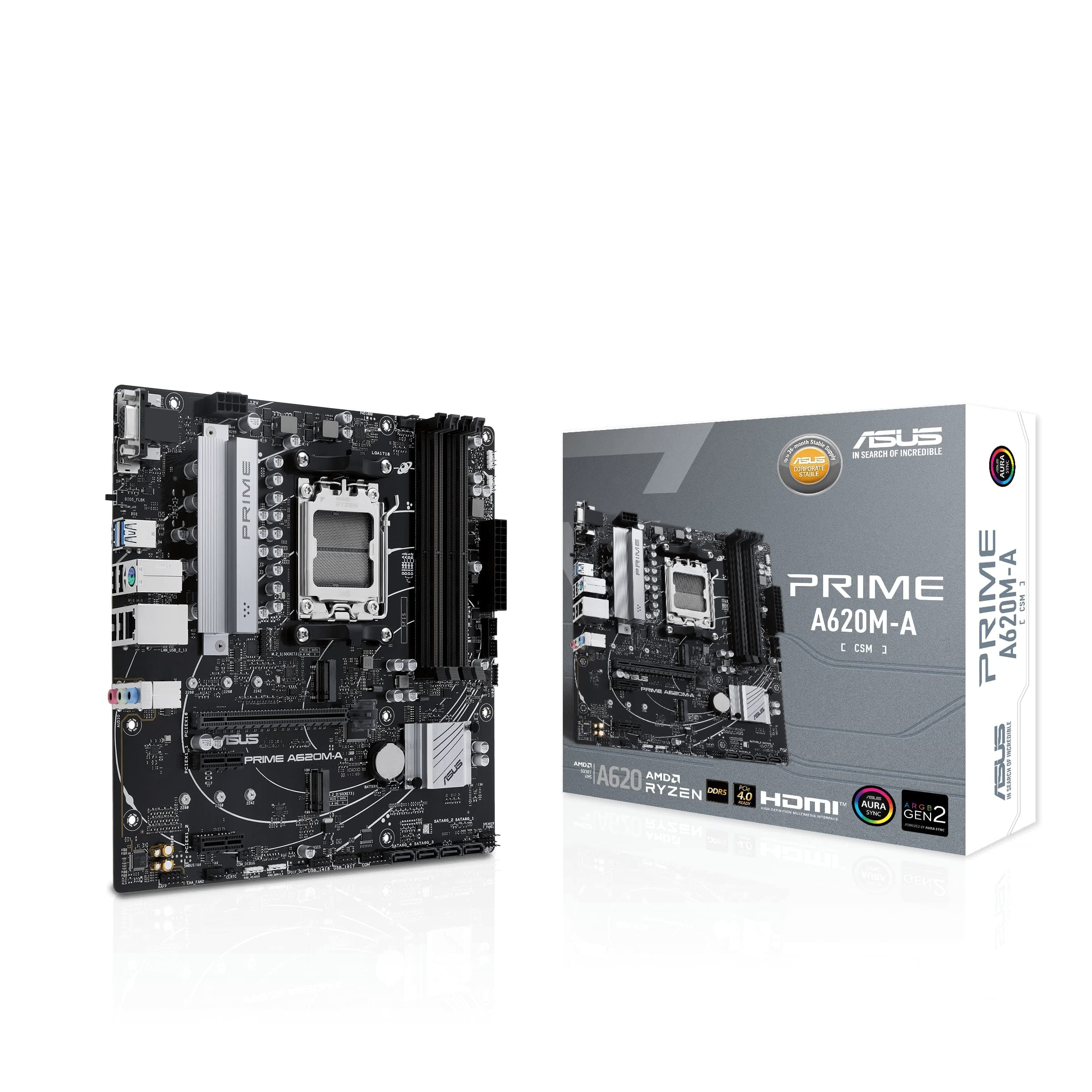 ASUS Prime A620M-E-CSM Mainboard Sockel AMD A620 (Ryzen 7000, Micro-ATX, DDR5 Speicher, PCIe 4.0, BIOS Flashback, USB 3.2 Gen 2, Aura Sync)