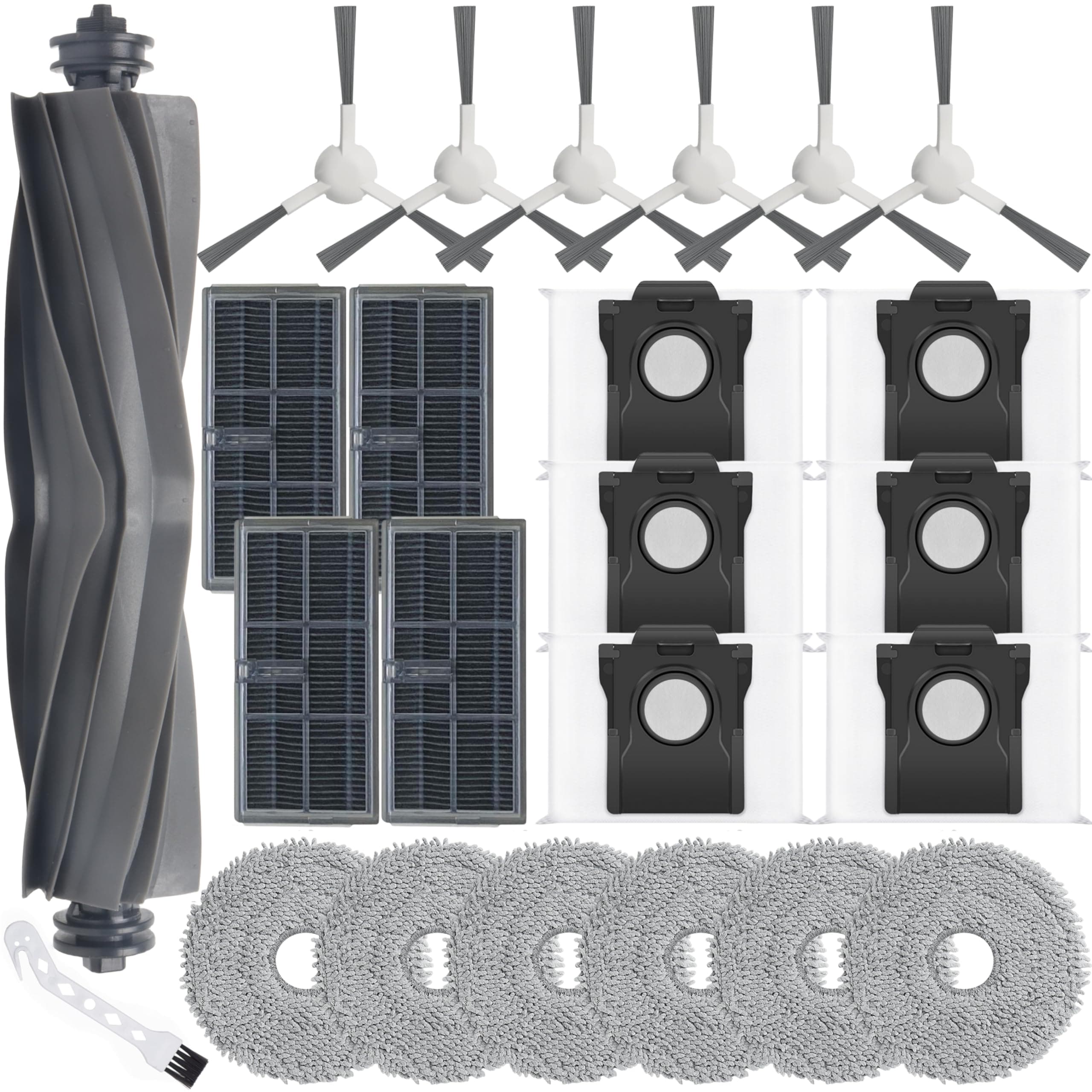 Bluearks 24 Stück Zubehör für Dreame L10s Ultra Gen 2/L10s Pro Ultra Heat/X30 Ultra/Mova E30 Ultra Saugroboter,Bestehend Aus 1 Hauptbürste,6 Wischtüchern,4 HEPA Filtern,6 Seitenbürsten,6 Staubbeutel