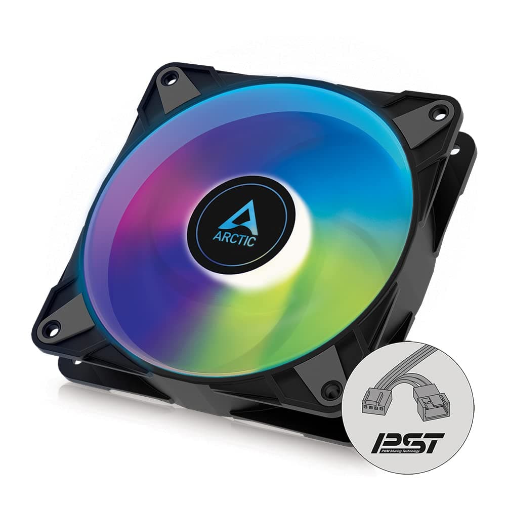 ARCTIC P12 PWM PST A-RGB - 120 mm PWM Gehäuselüfter optimiert für statischen Druck, Case Fan, Semi-Passiv: 0-2000 U/min, 5V 3 Pin ARGB-LED, Einzellüfter - Schwarz