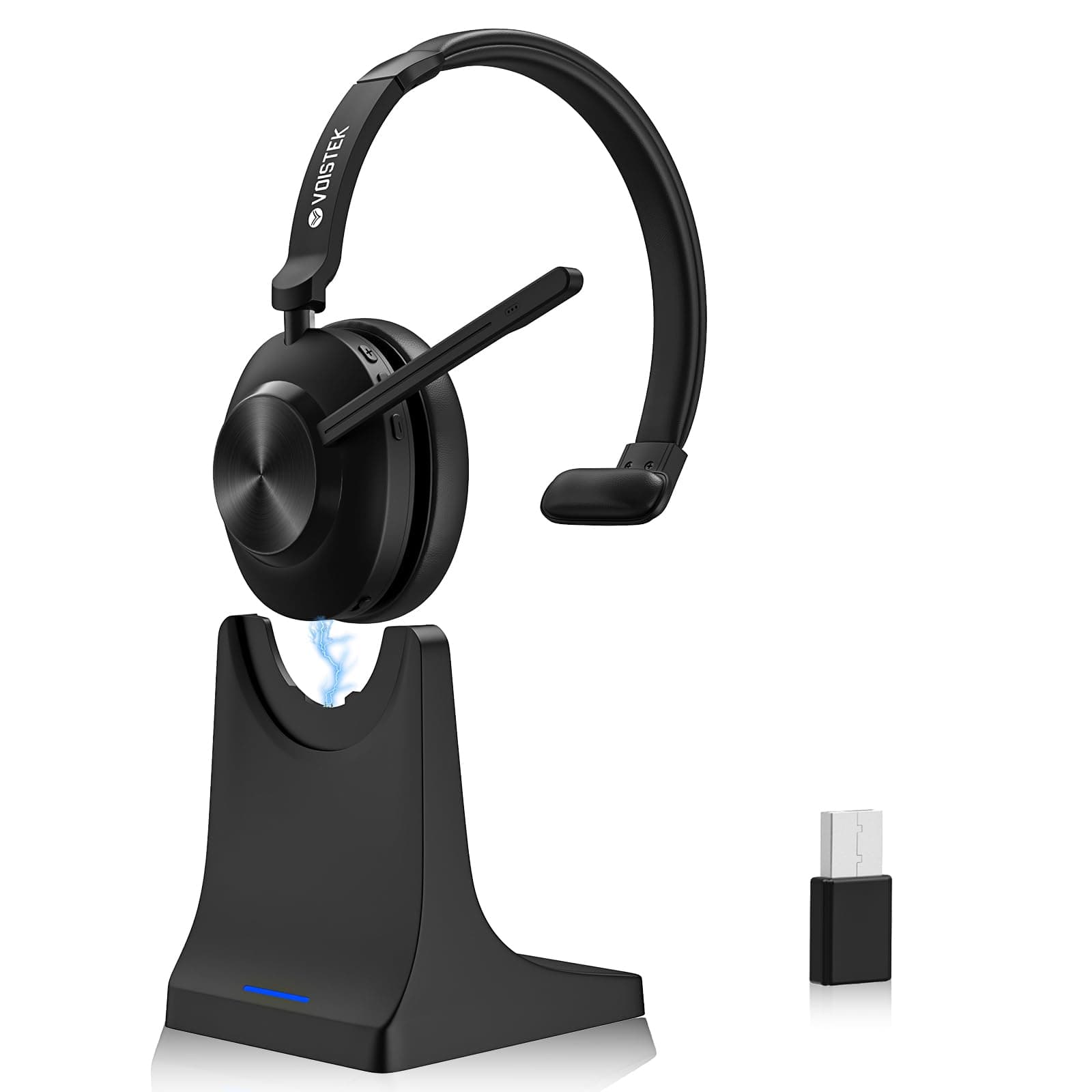 Voistek Mono-Headset (EIN-Ohr-Design) mit Mikrofon, Bluetooth & USB-A Dongle, 50Std On-Ear Wireless Headset mit Geräuschunterdrückung – Home Office/Büro/Callcenter, kompatibel mit Smartphones/PC