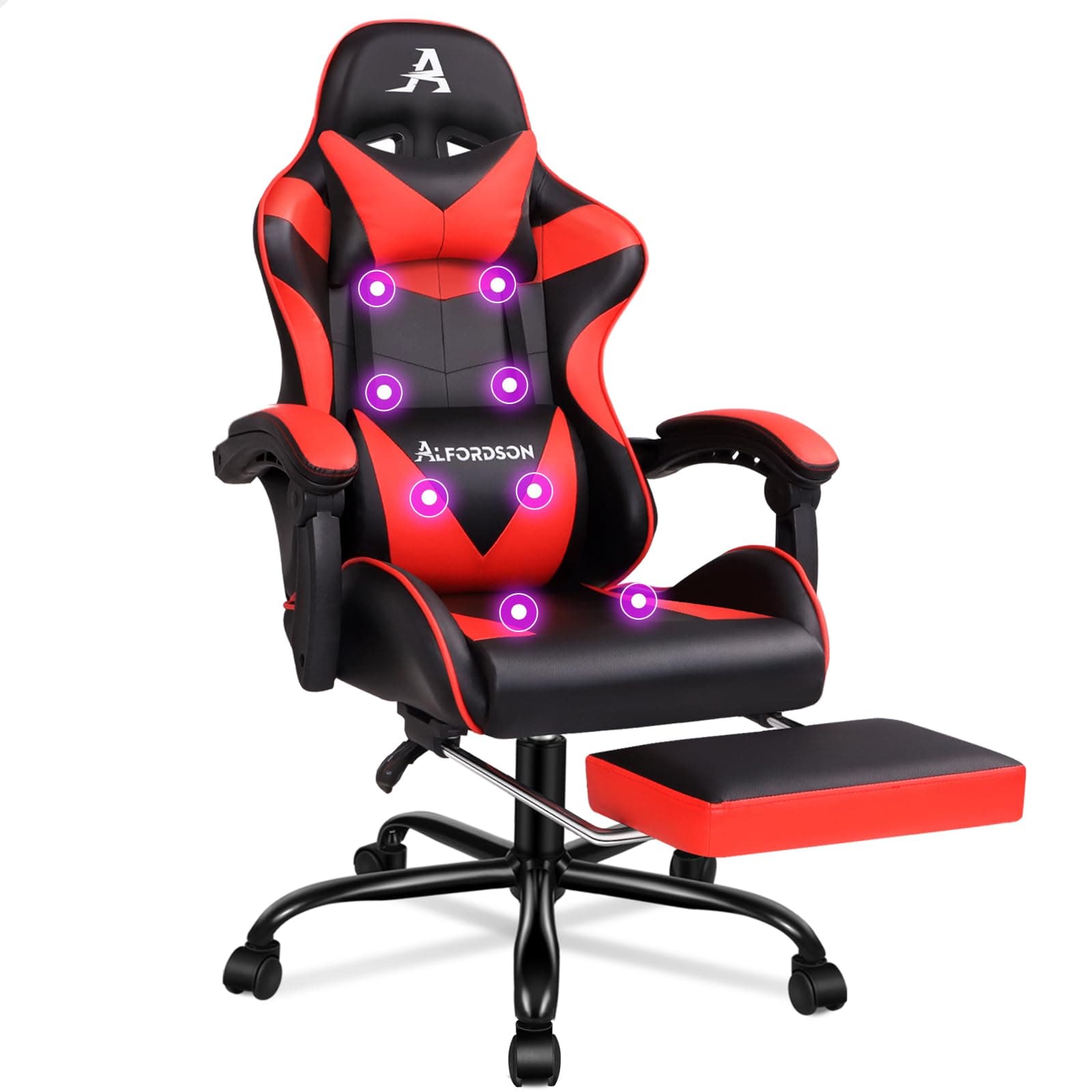 ALFORDSON Bürostuhl mit Massage, Gamer-Sessel, ergonomischer Gamer-Stuhl mit Fußstütze, Fußstützen-Massage-Lendenkissen, Drehstuhl, 180 kg Tragkraft, Rot