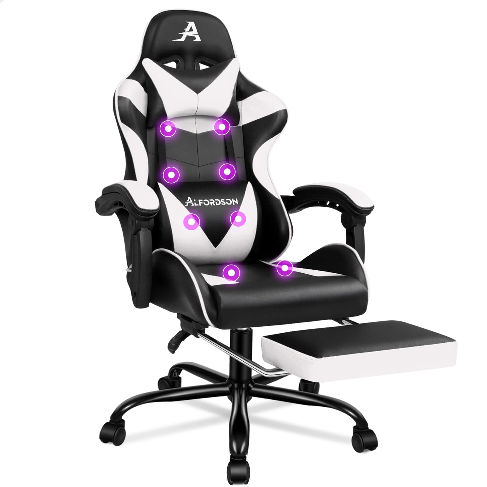 ALFORDSON Bürostuhl mit Massage, Gamer-Sessel, ergonomischer Gamer-Stuhl mit Fußstütze, Fußstützen-Massage-Lendenkissen, Drehstuhl, 180 kg Tragkraft, Weiß