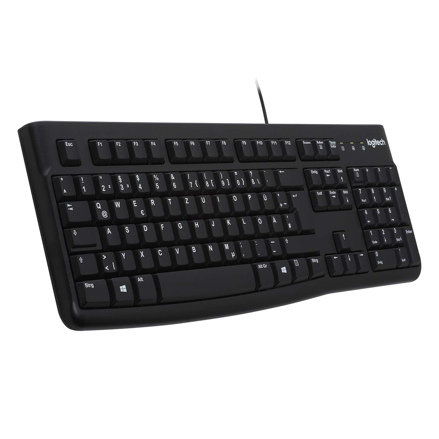 Logitech K120 Kabelgebundene Business Tastatur für Windows und Linux, USB-Anschluss, Leises Tippen, Robust, Spritzwassergeschützt, Tastaturaufsteller, Deutsches QWERTZ-Layout-Schwarz
