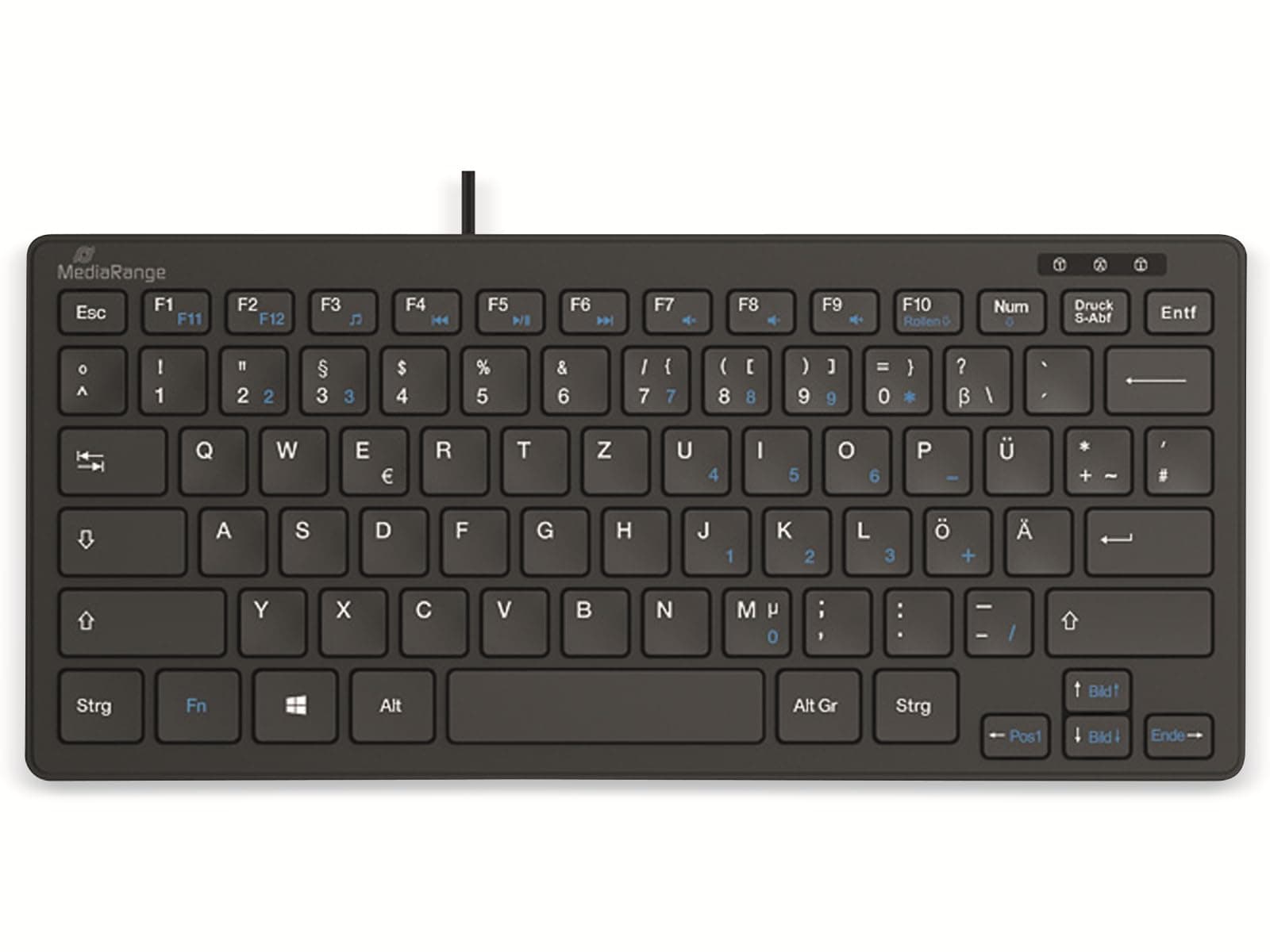 MediaRange kabelgebundene Kompakt-Tastatur mit 78 ultraflachen Tasten, deutsches QWERTZ Layout, PC Tastatur mit Plug&Play USB 2.0 Anschluss, spritzwassergeschützt, Farbe schwarz